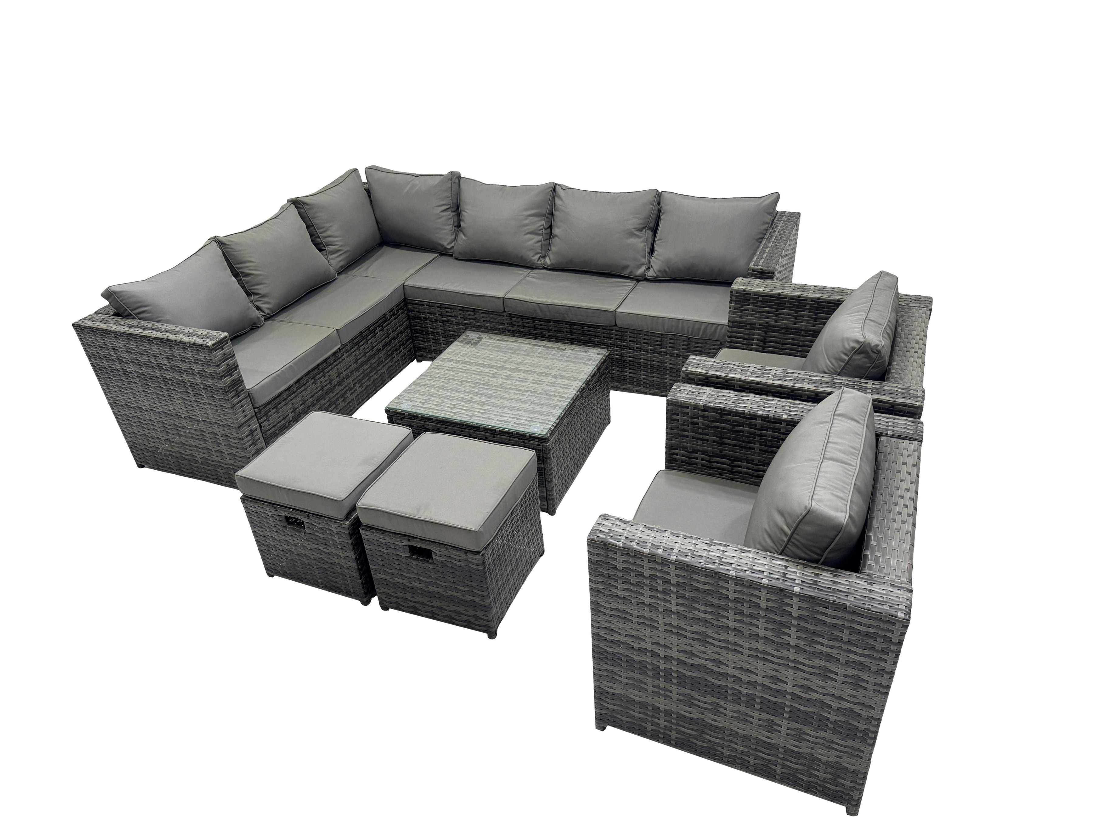 Rackhams Dark/Grey Rattan Garden Furniture Patio Furniture Sets With Corner Sofa Square Coffee Table 2 Small Footstools Mixed