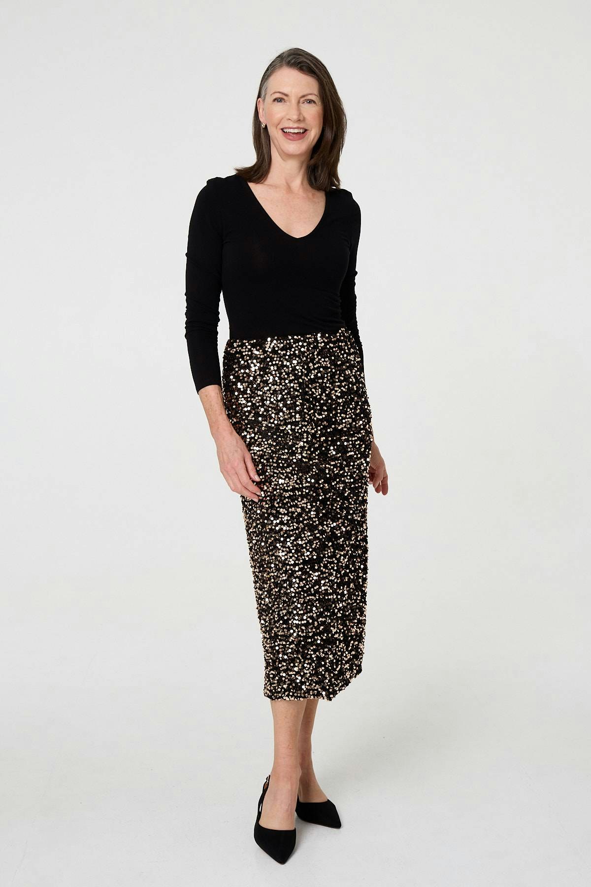 Izabel London Black Sequin Embellished High Waist Midi Skirt - 8