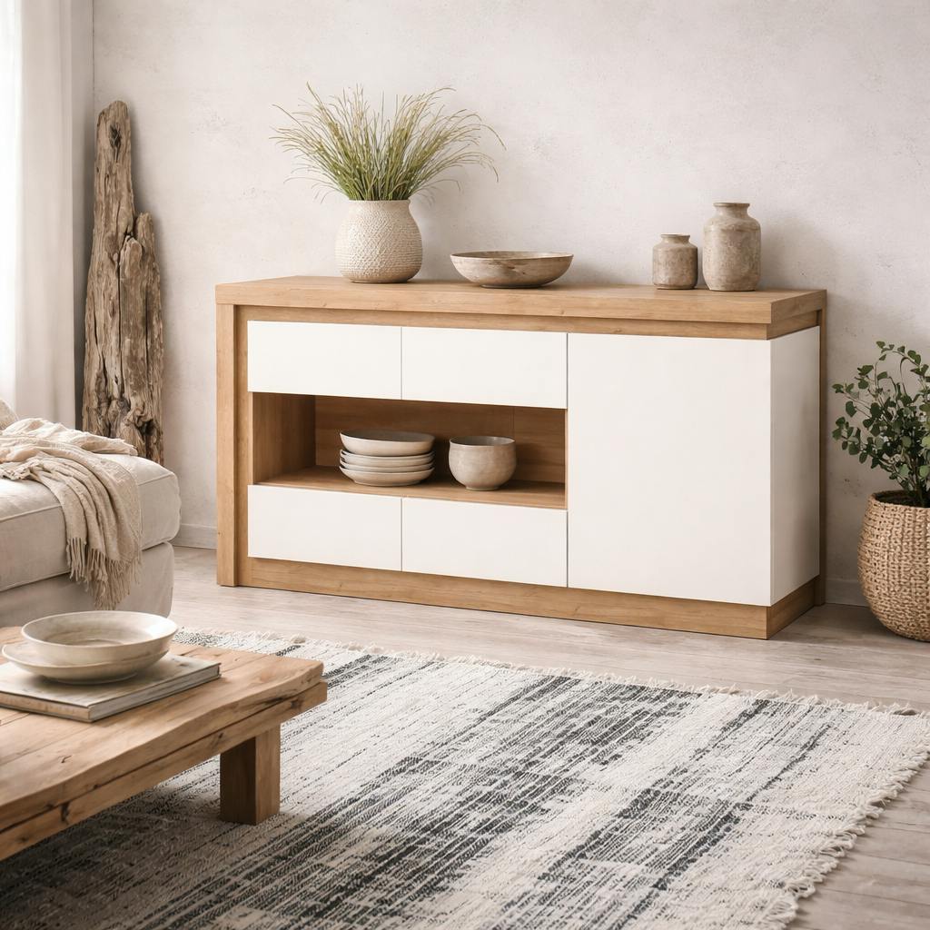 Wyld Haus White Hjorring Gloss And Natural Oak Wood Minimalist Sideboard 3 Doors With Led Lights