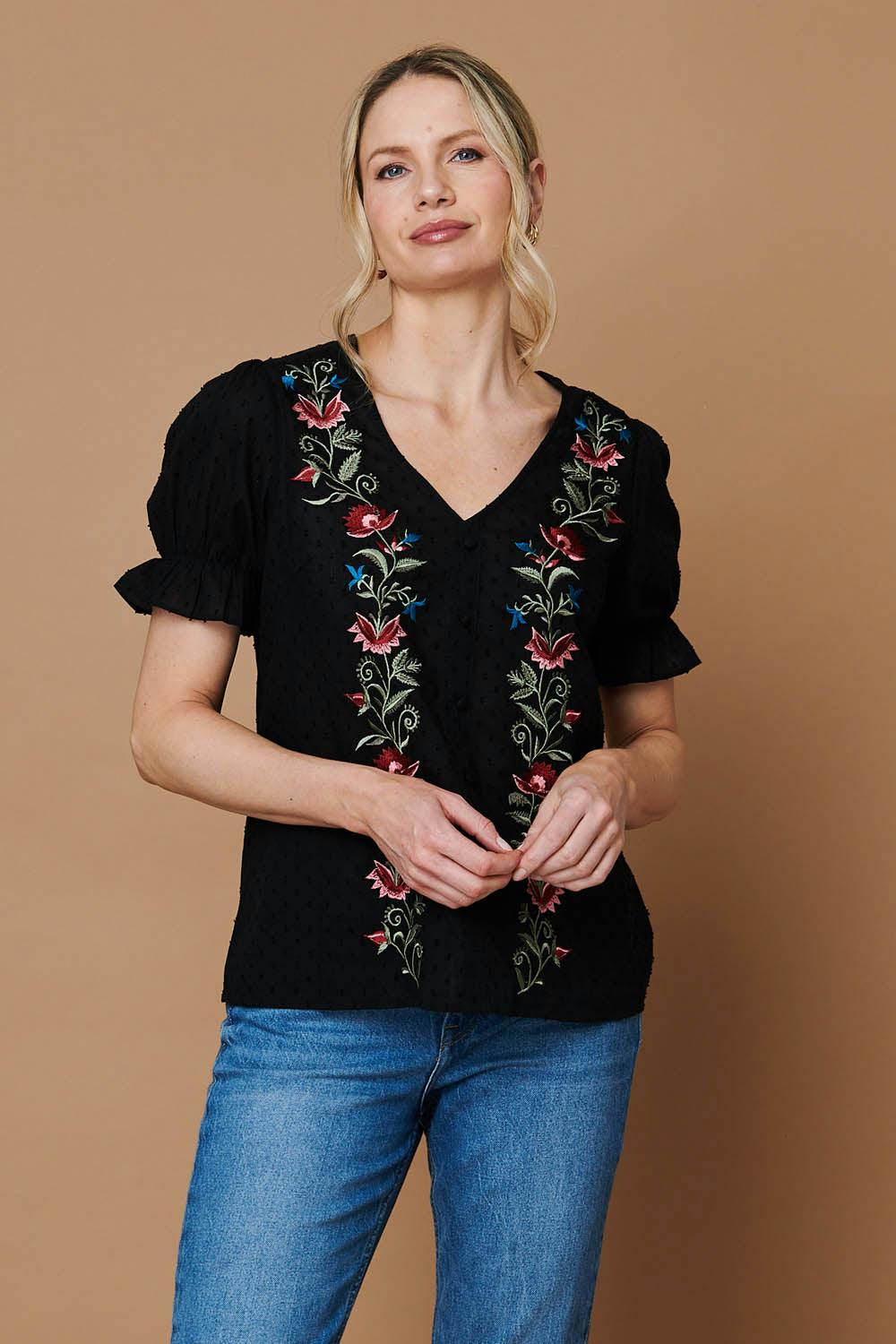Izabel London Black Floral Embroidery Puff Sleeve Blouse - 12