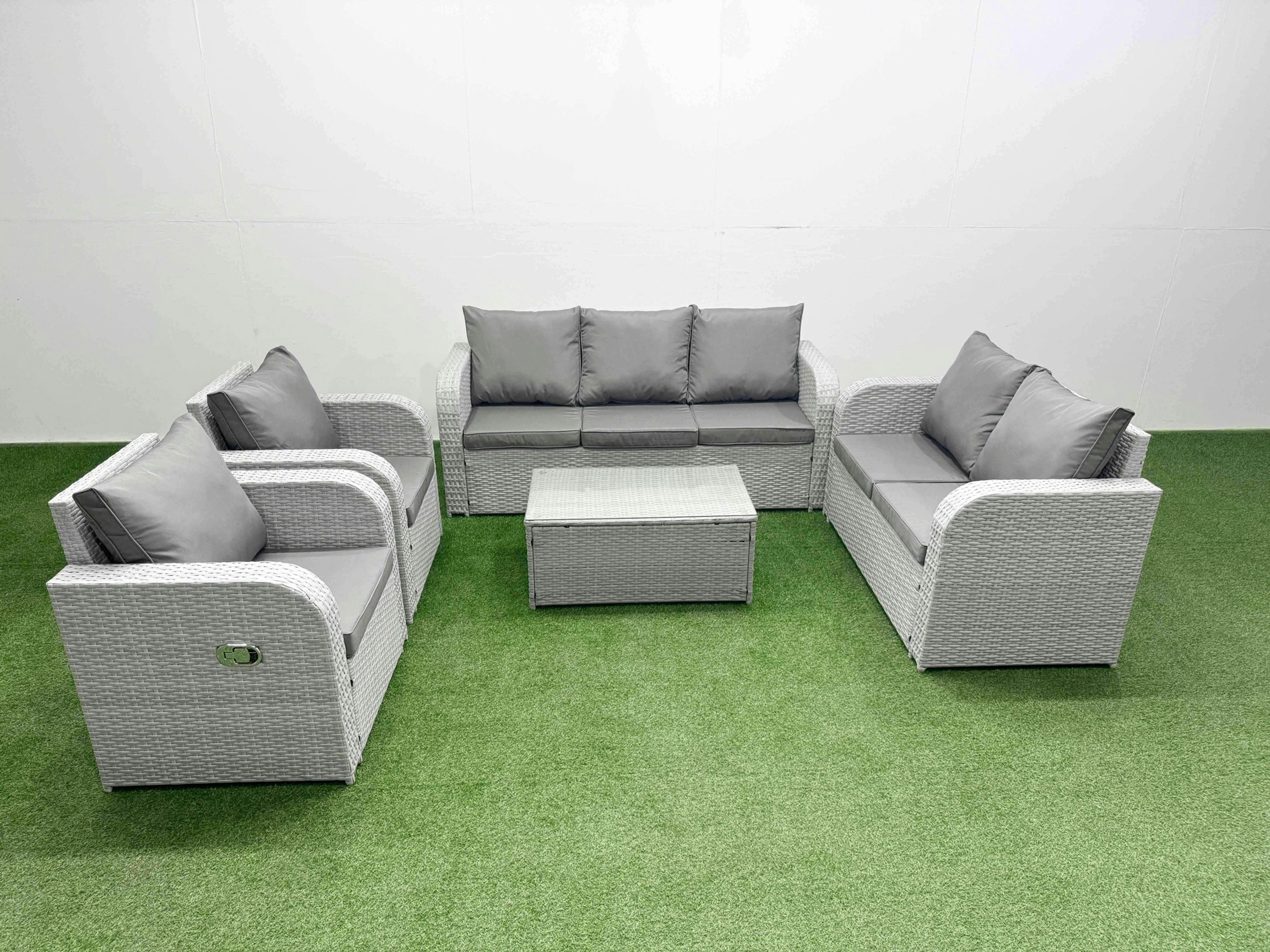 Fimous Light/Grey Pe Rattan Garden Furniture Set Adjustable Chair Sofa Double Love Seat 2 Seater Sofa Lounge Set Oblong Coffee Table