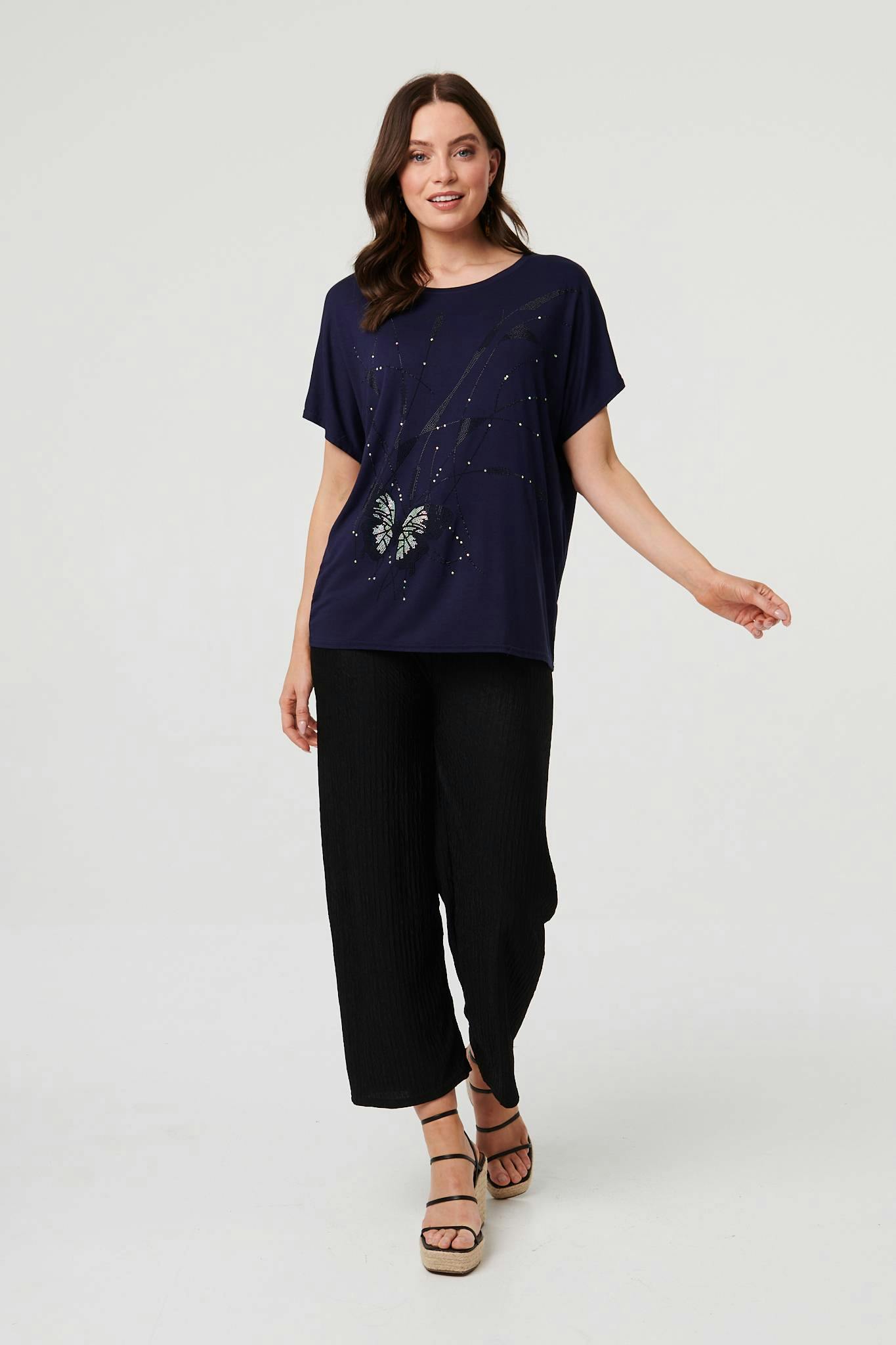 Izabel London Butterfly Embellished Relaxed T-Shirt - 16 - Navy