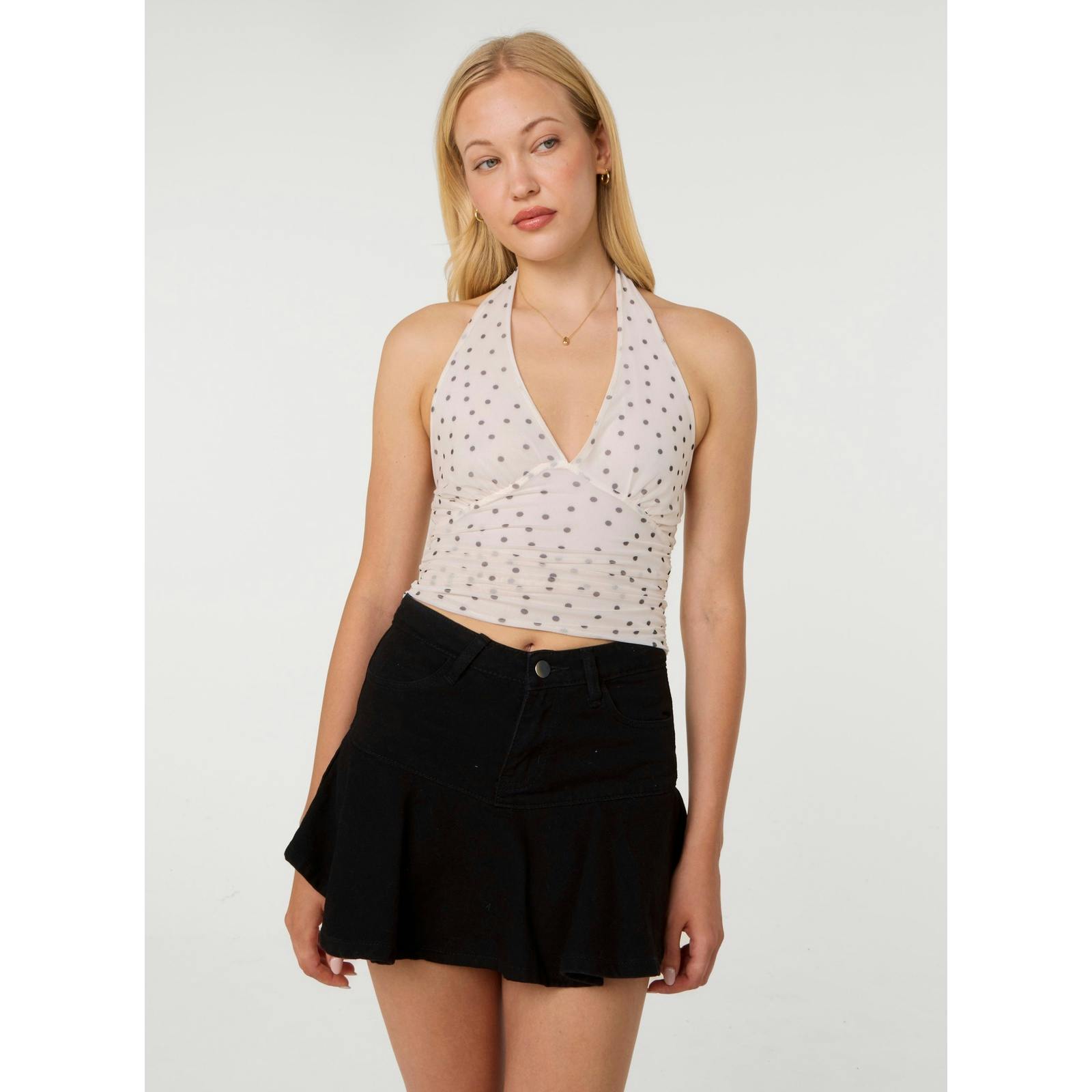 Pink Vanilla Pink/Ivory Vanilla Polka Dot Ruched Side Halter Top - S