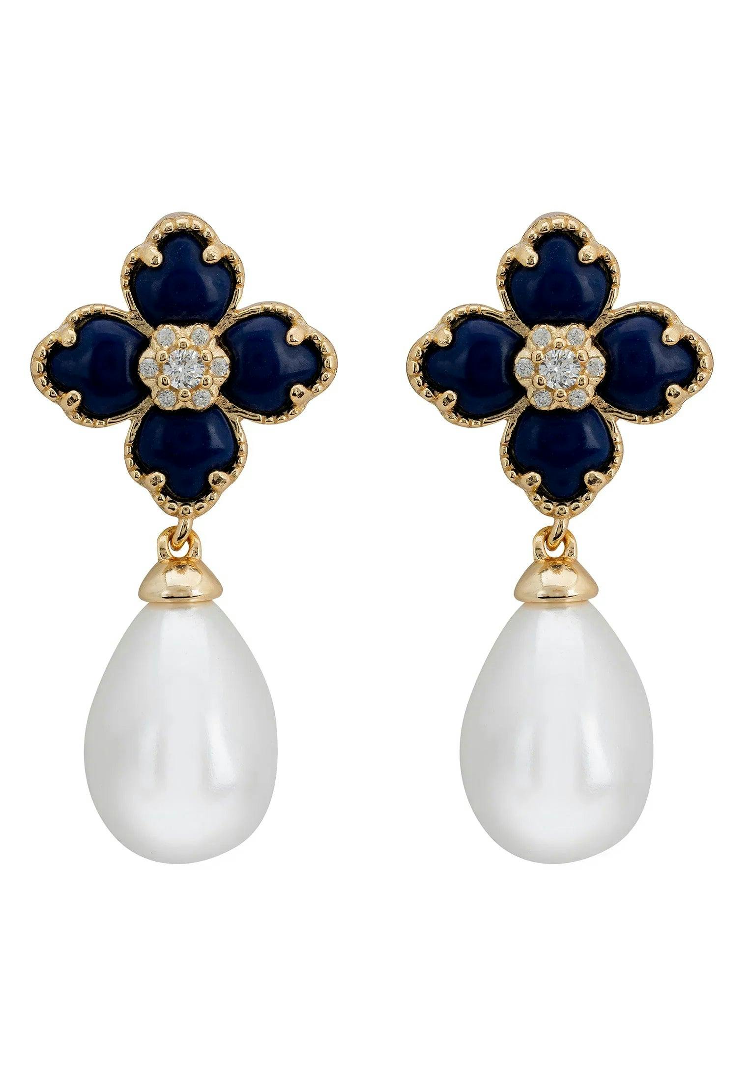 Latelita Gold Flower Clover Pearl Drop Earrings Lapis Lazuli