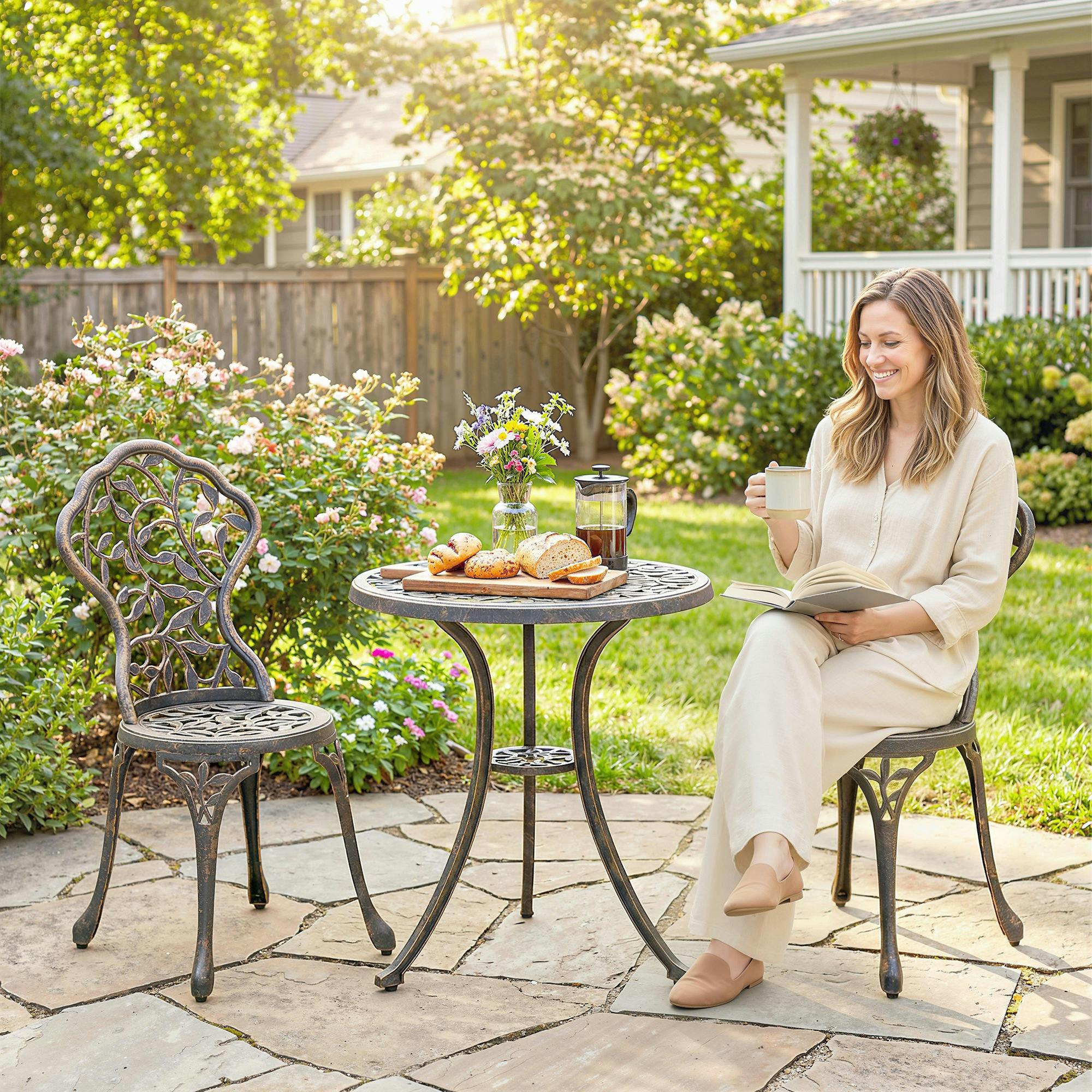 Rackhams Brown Aluminium Bistro Set Garden Coffee Table Chair Outdoor Dining Set - 3 - Outdoor Bistro Set