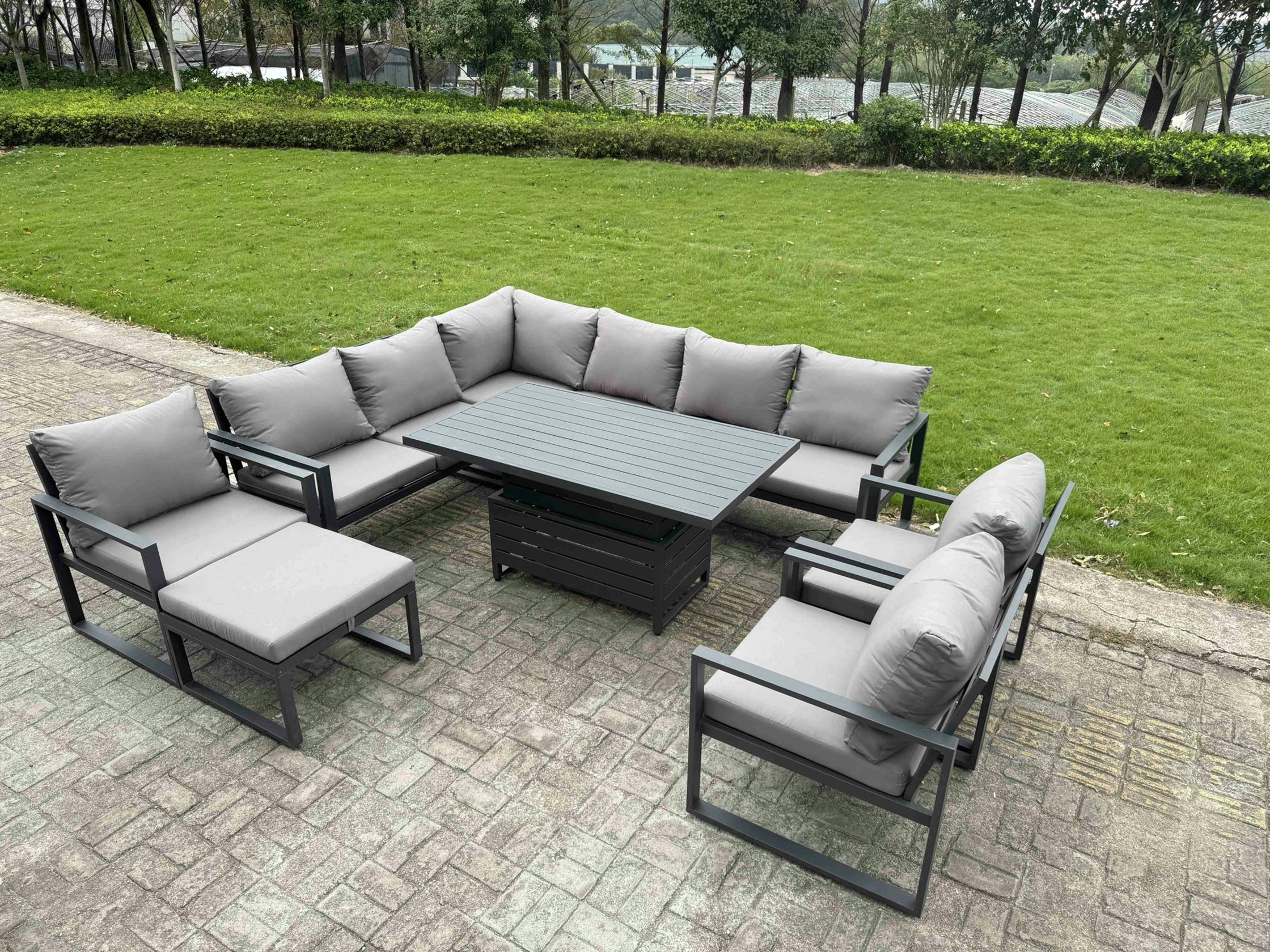 Rackhams Dark/Grey Aluminium Garden Furniture Sets,10 Seater Outdoor Conversational Dining Set With Adjustable Rising Lifting Dining Table Cushions