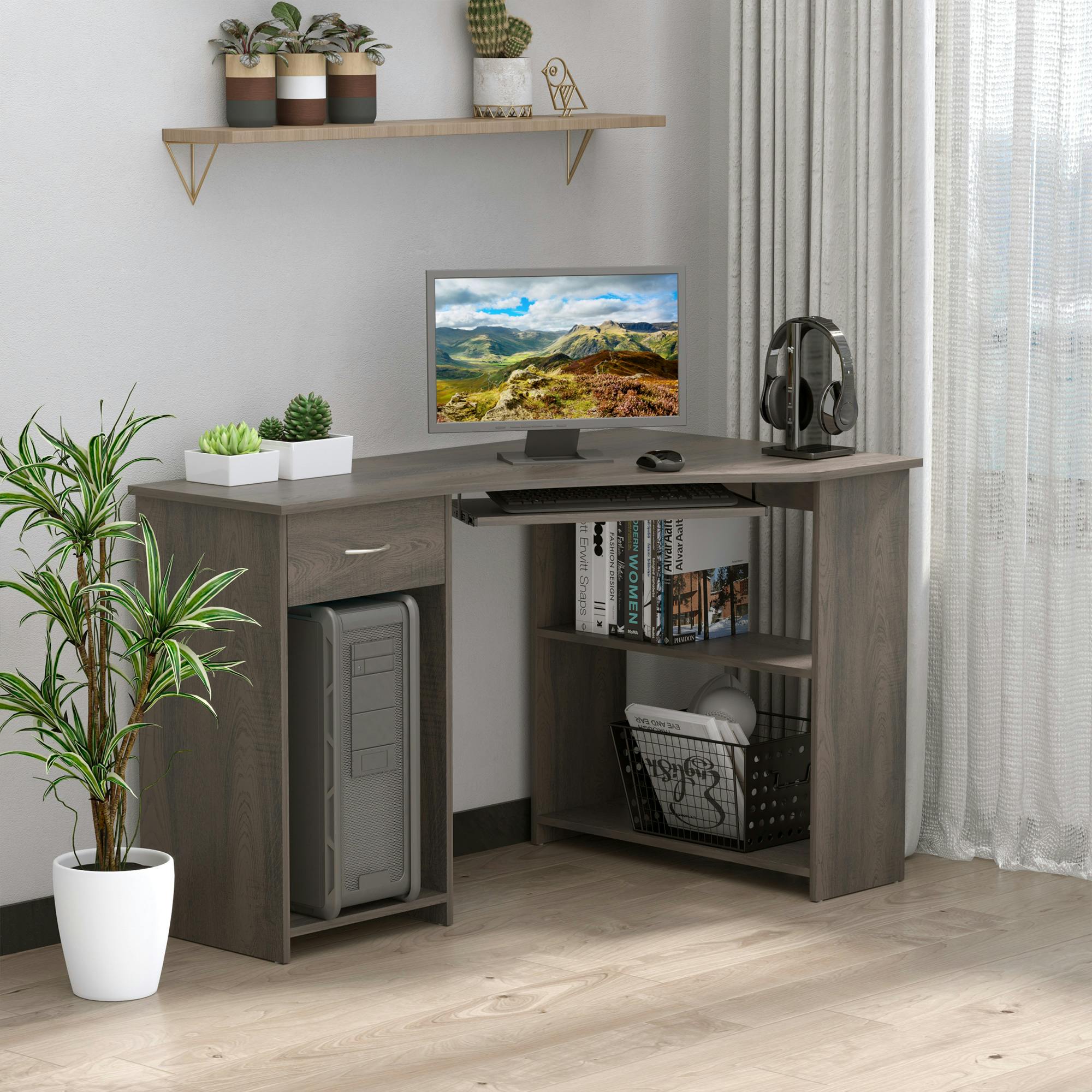 L-Shaped Corner Computer Desk with 2-Tier Side Shelves, Grey, Keyboard Tray - Image 7