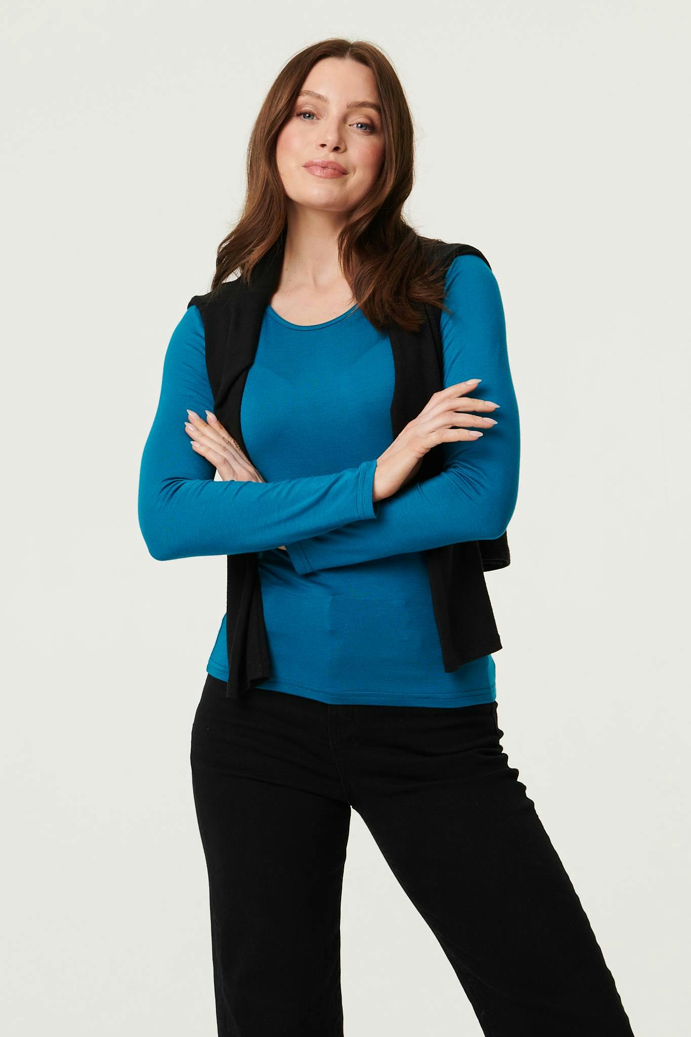 Izabel London Long Sleeve Slim Scoop Neck Top - 10 - Teal