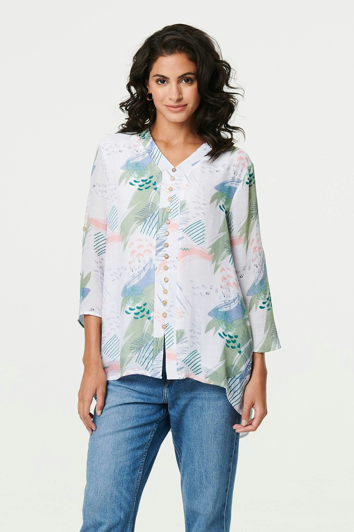 Izabel London Light Abstract 3/4 Sleeve Relaxed Blouse - Sage - 14