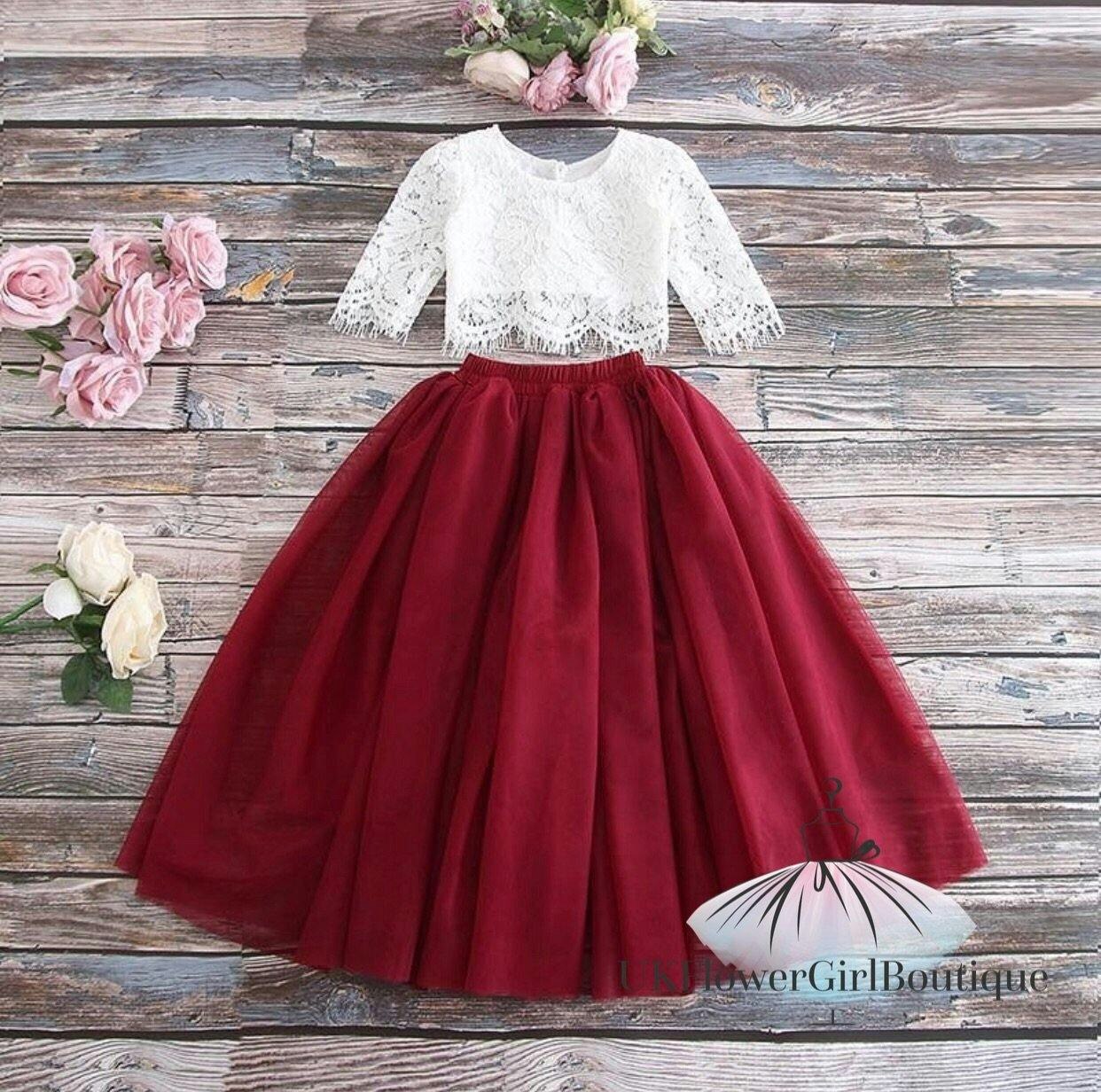 Uk Flower Girl Boutique Girls White/Burgundy/Red Uk Flower Boutique Felicity Couture Set - Wine - 12/24 Mths