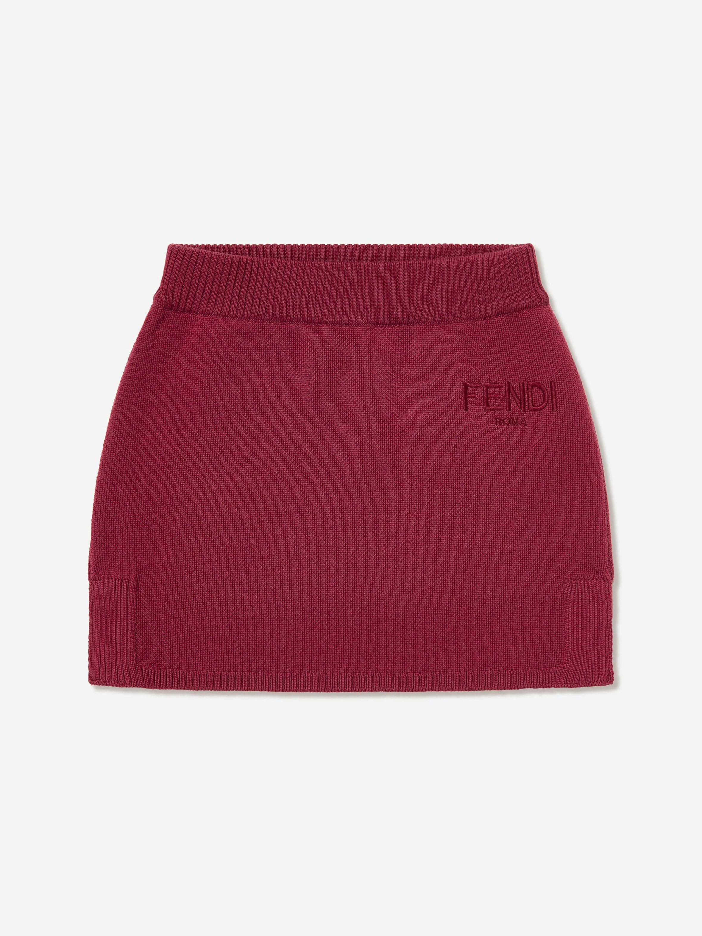 Fendi Kids Girls Red Fendi Wool Knit Logo Skirt In - 5 Yrs