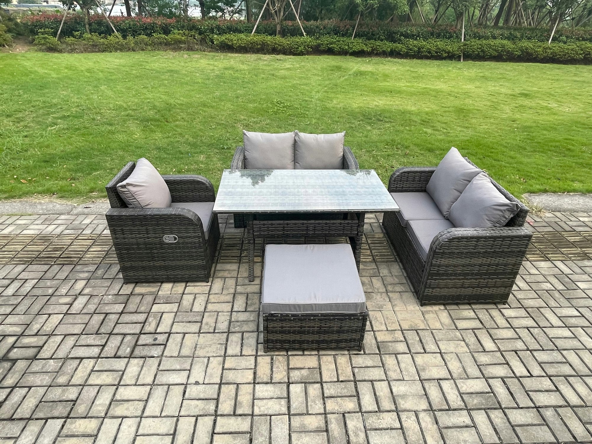 Rackhams Dark/Grey Lounge Rattan Sofa Set Outdoor Garden Furniture Oblong Rectangular Dining Table With Chairs Big Footstool Mixed