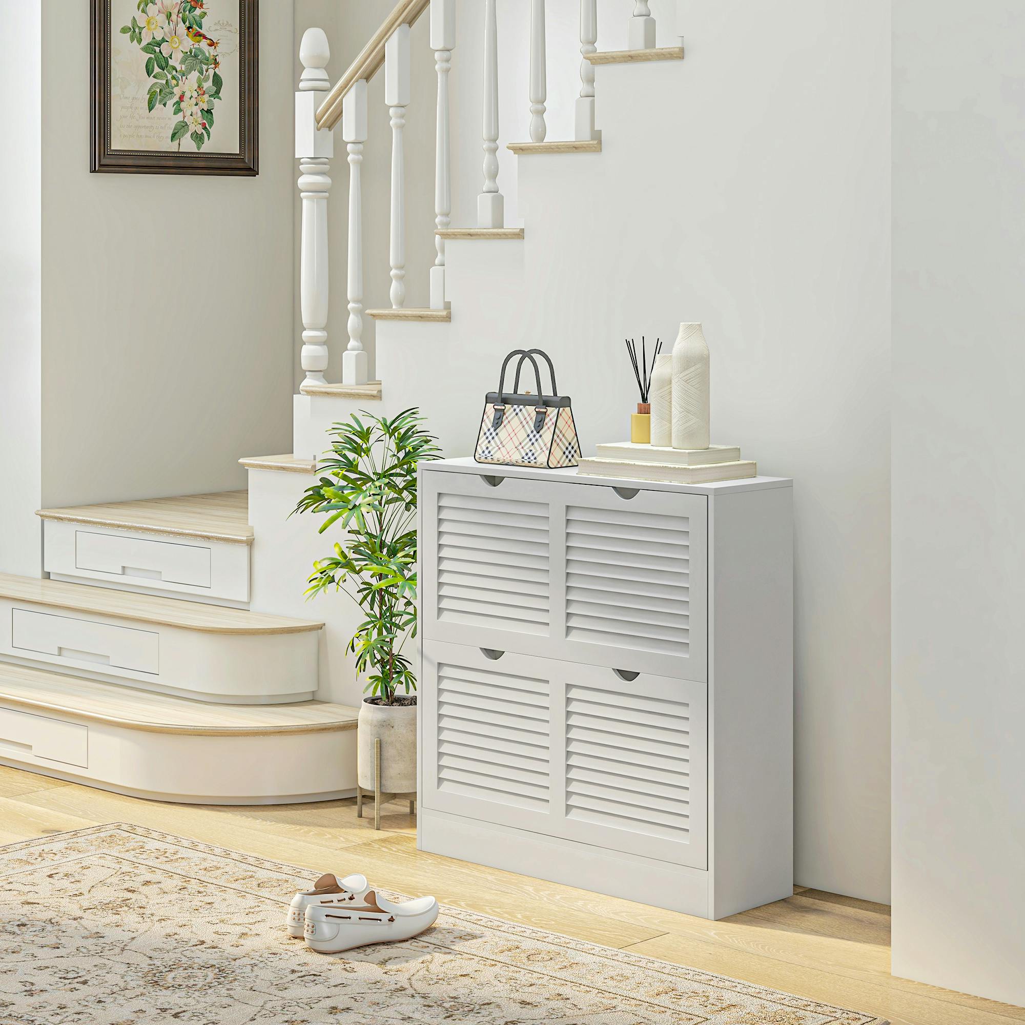 Rackhams White Slim Shoe Storage Cabinet With 2 Flip Drawers For Entryway, - Painted - Particle Board, Mdf