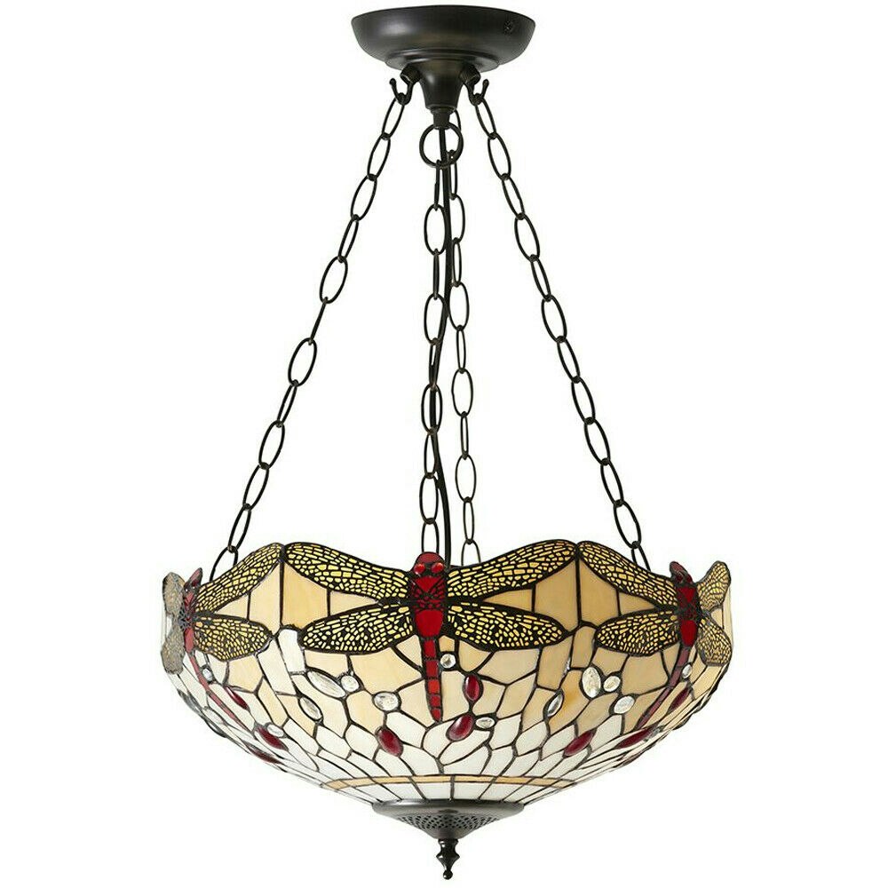 Rackhams Light/Bronze Tiffany Glass Hanging Ceiling Pendant & Dragonfly Lamp Shade I00105 Medium