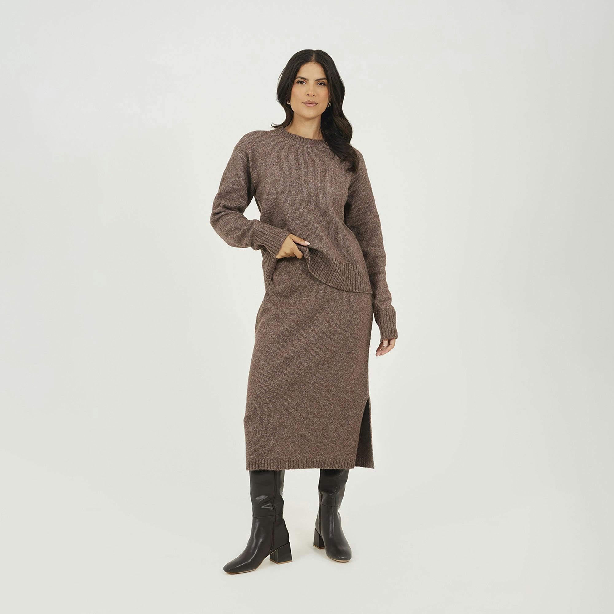 Brave Soul Brown Knitted Jumper And Midi Skirt Set - M