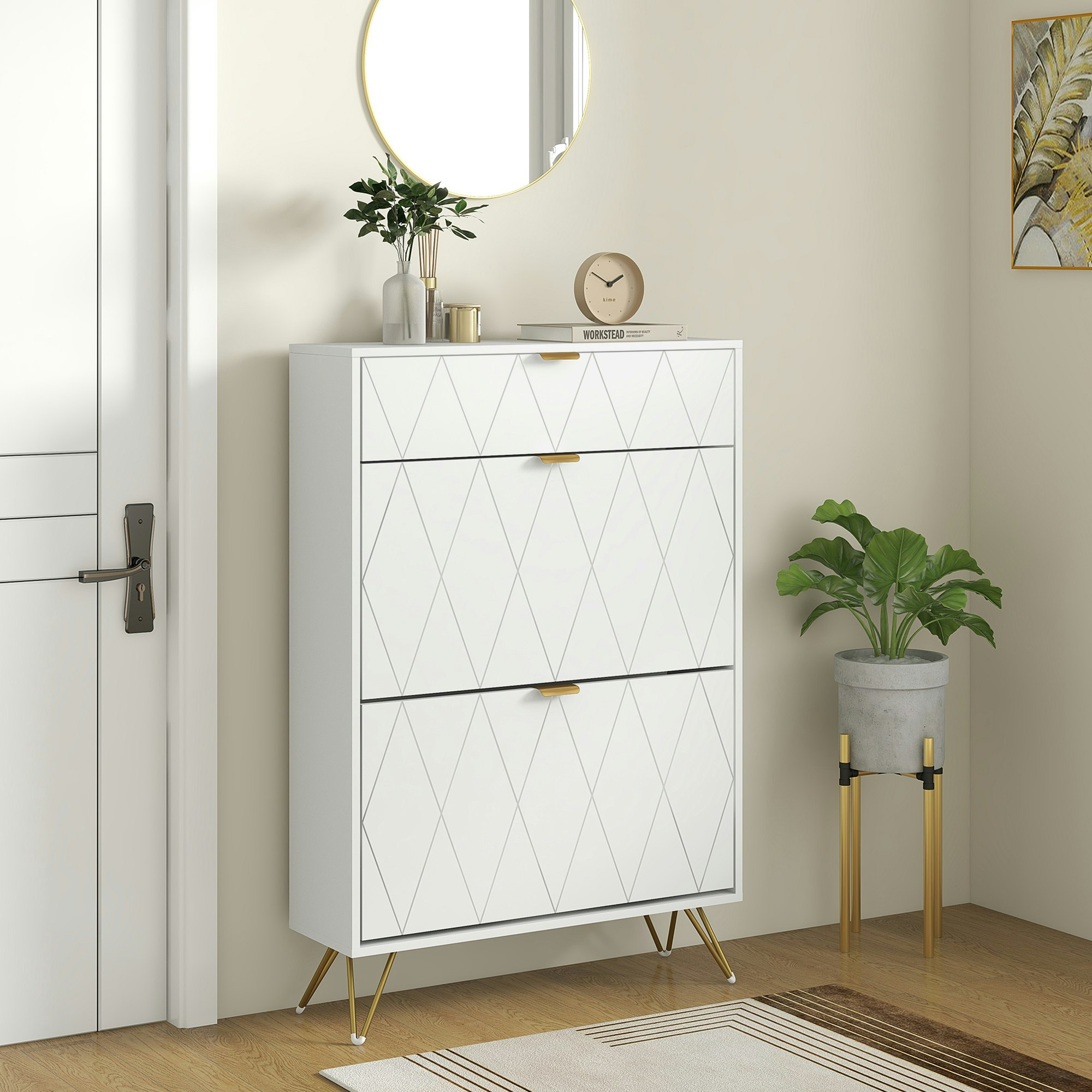 Rackhams White Slim Shoe Storage Cabinet With Flip Drawers For Entryway, Hallway,