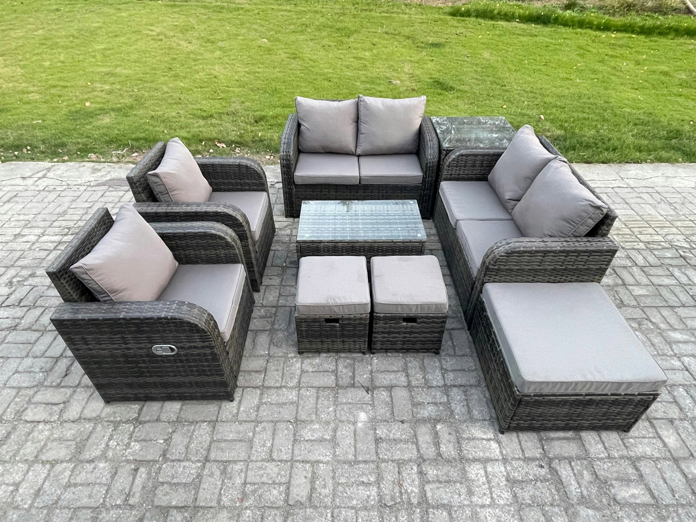 Fimous Dark/Grey 9 Seater Mixed Rattan Outdoor Lounge Set - Rectangular Coffee Table, 3 Footstools, Loveseat & Side Table