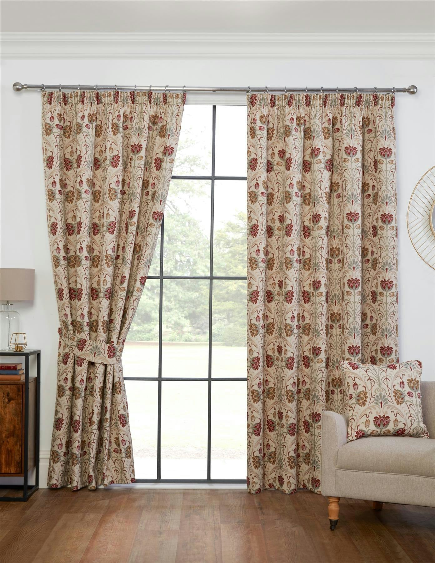 Sundour Beige Aylesbury Floral Pencil Pleat Curtains - 66 X 54"