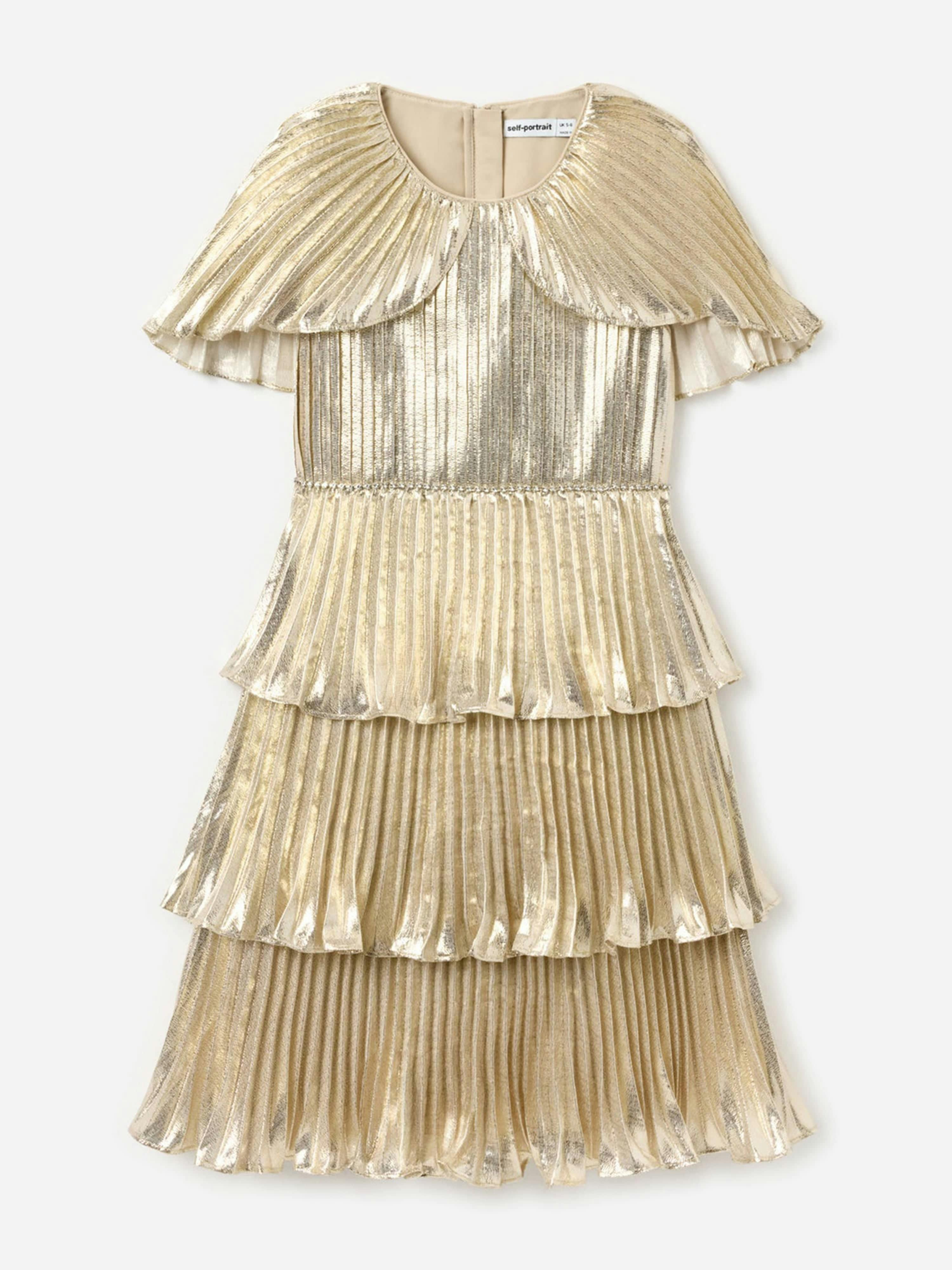 Self Portrait Girls Gold Metallic Tiered Dress In - 8 - 10 Yrs
