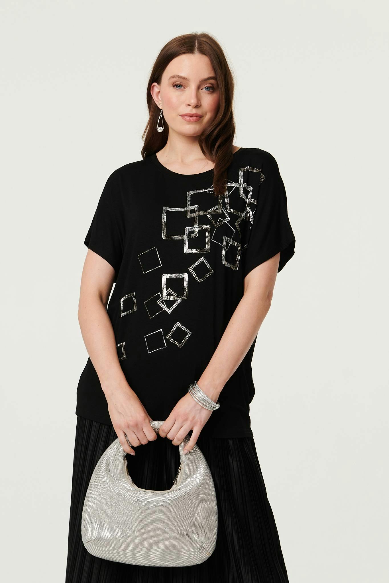 Izabel London Black Geo Print Sparkly Relaxed Top - 18