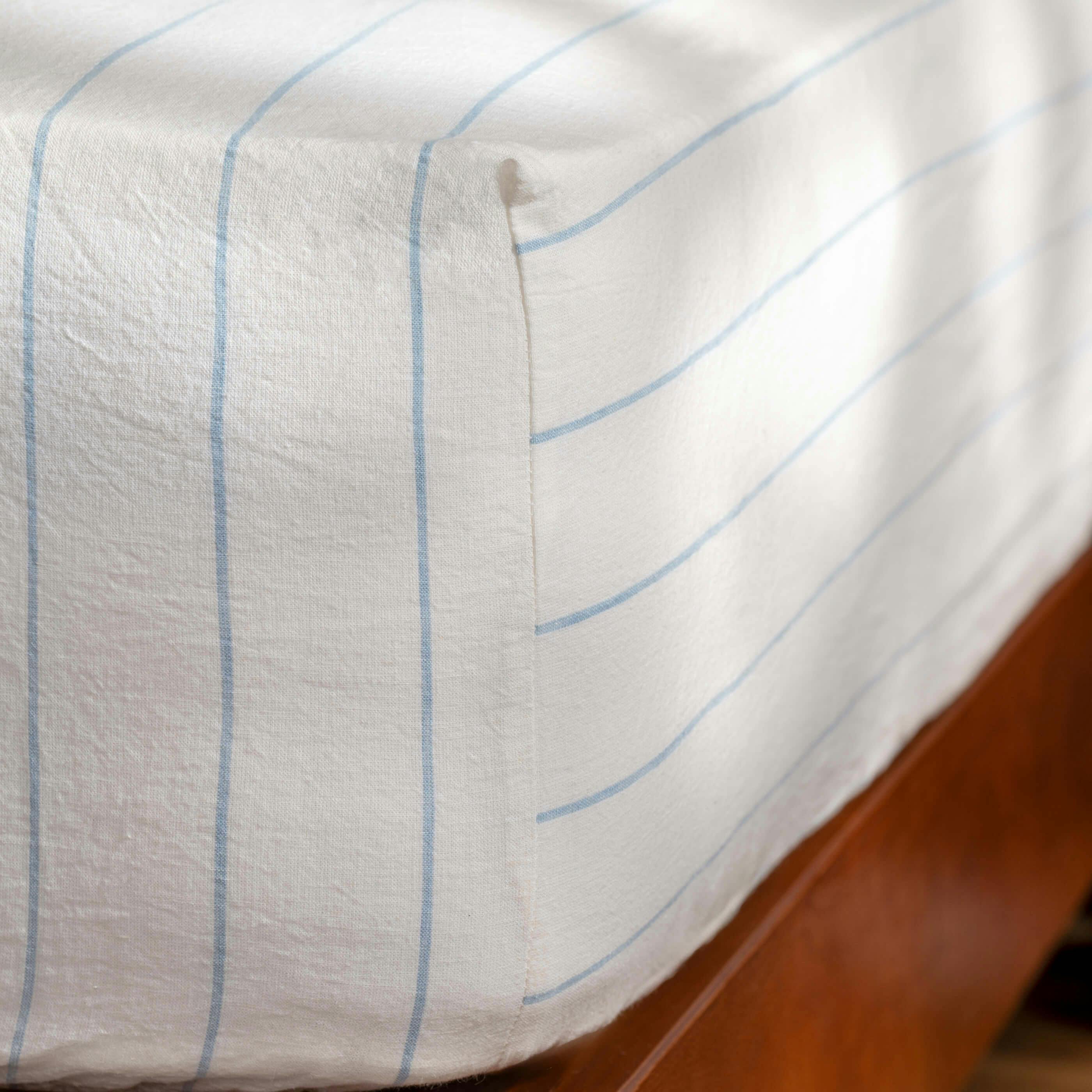 Rackhams White/Blue Pinstripe Linen Cotton Blend 30Cm Standard Fitted Sheets - King