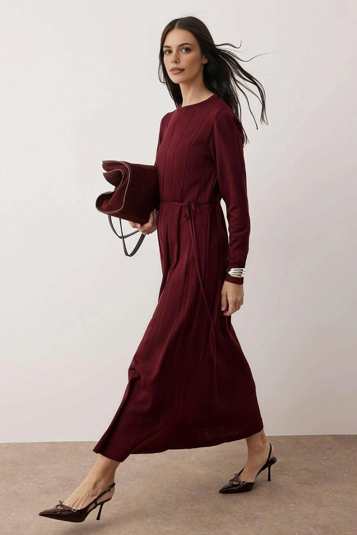 Wovcor Burgundy Belted Pleated Knit Dress - S