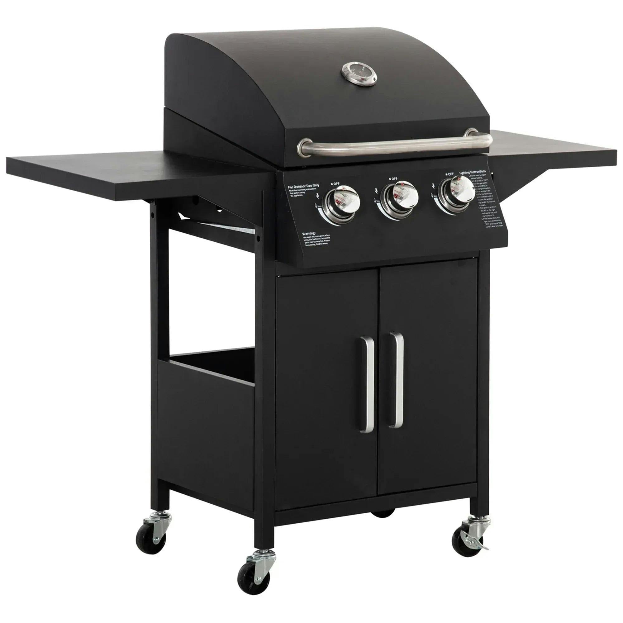 Outsunny 3 Burner Gas Grill Portable Barbecue Trolley With Side Shelves - Image 7