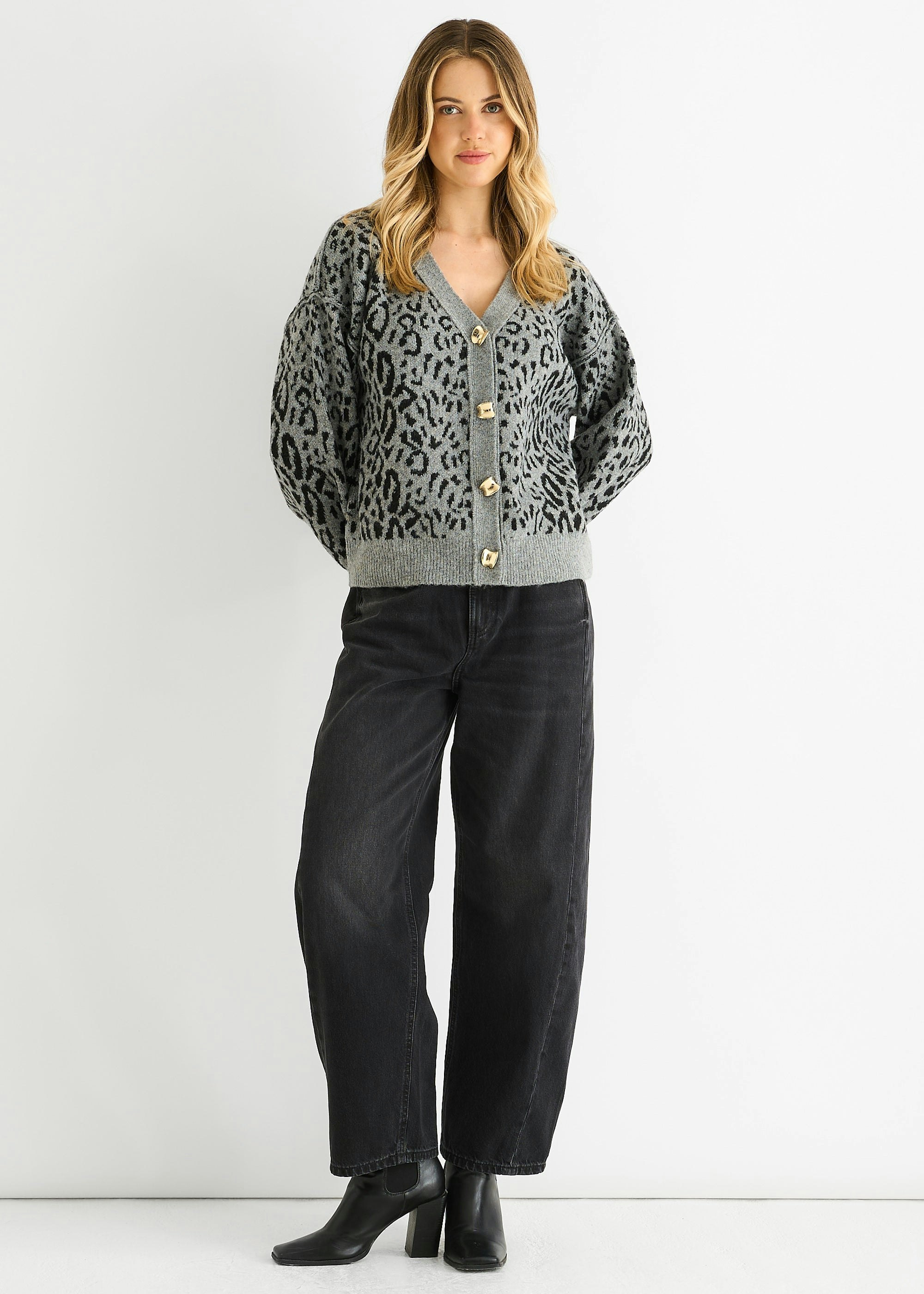 Gini London Grey Animal Print Wool Mix Cardigan Look Jumper - M-L (Uk 12-14/Us 8-10/Eu 40-42)