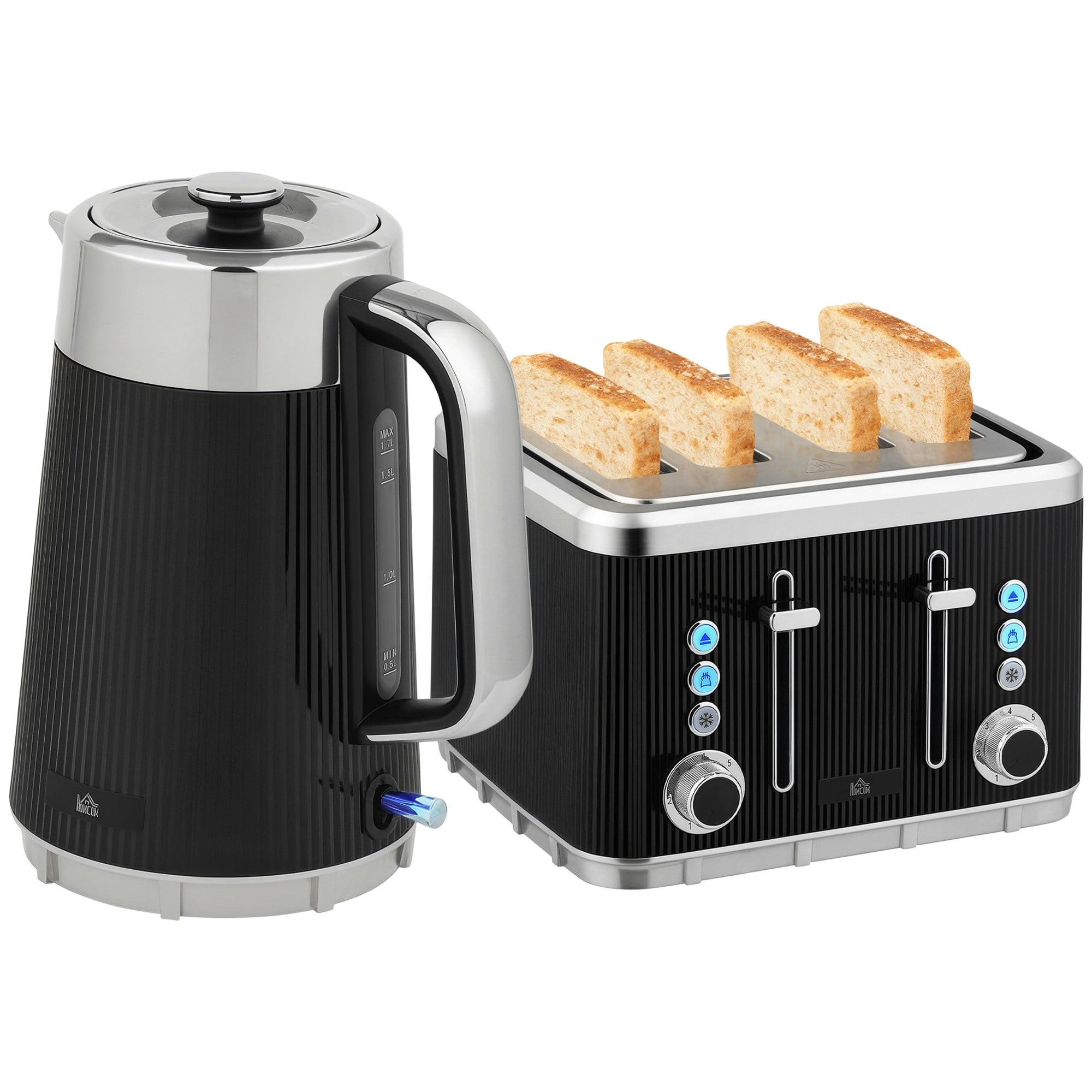 Homcom Black 3000W Rapid Boil Kettle And 4 Slice Toaster Set Crumb Tray 1.7L