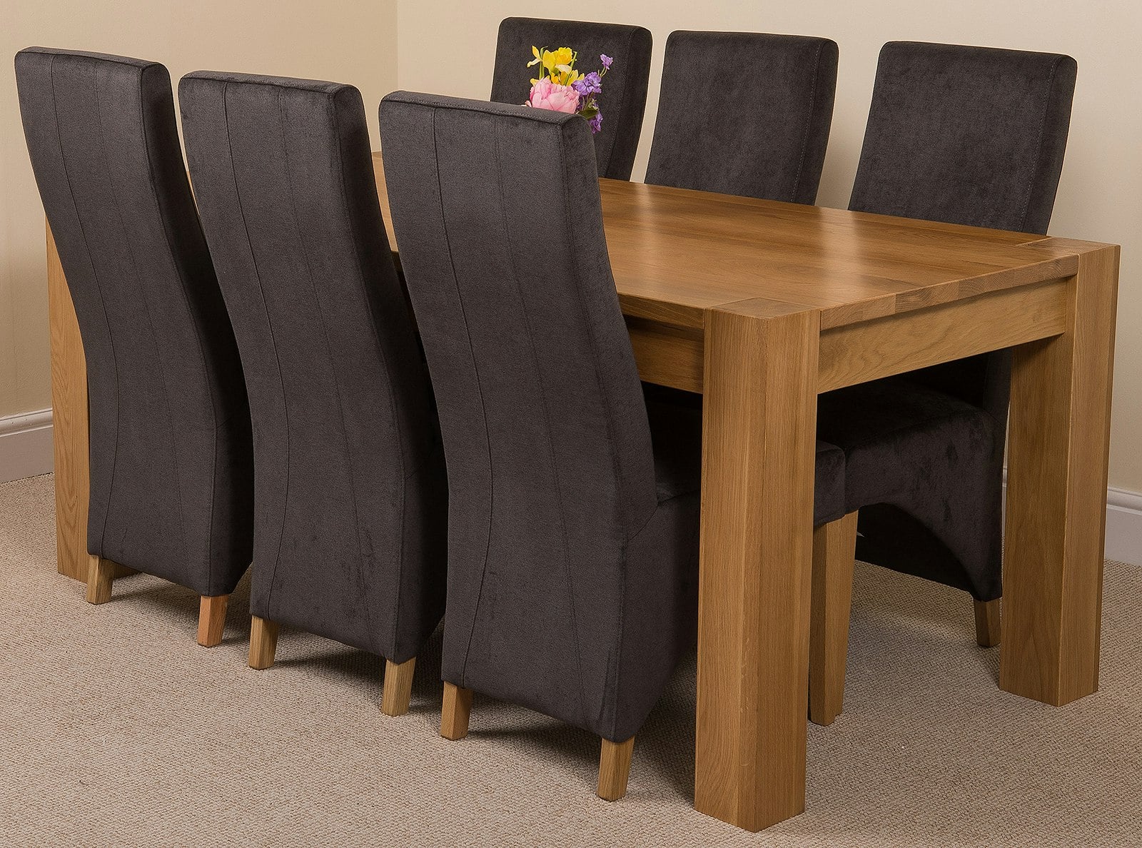 That's Furniture Black Kuba Large Oak Dining Table With Lola Fabric Chairs - 6 Chairs