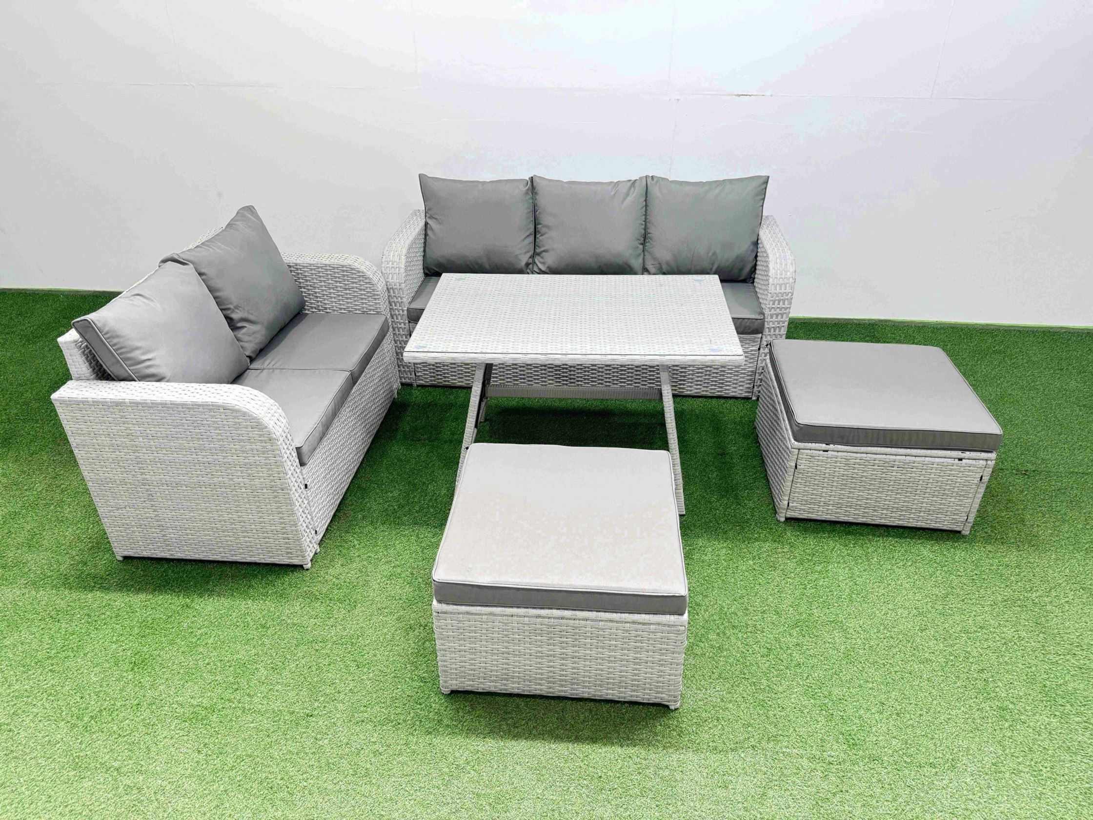 Rackhams Light/Grey Outdoor Pe Rattan Garden Furniture Set Rectangular Dining Table Sofa Set With 2 Big Stool