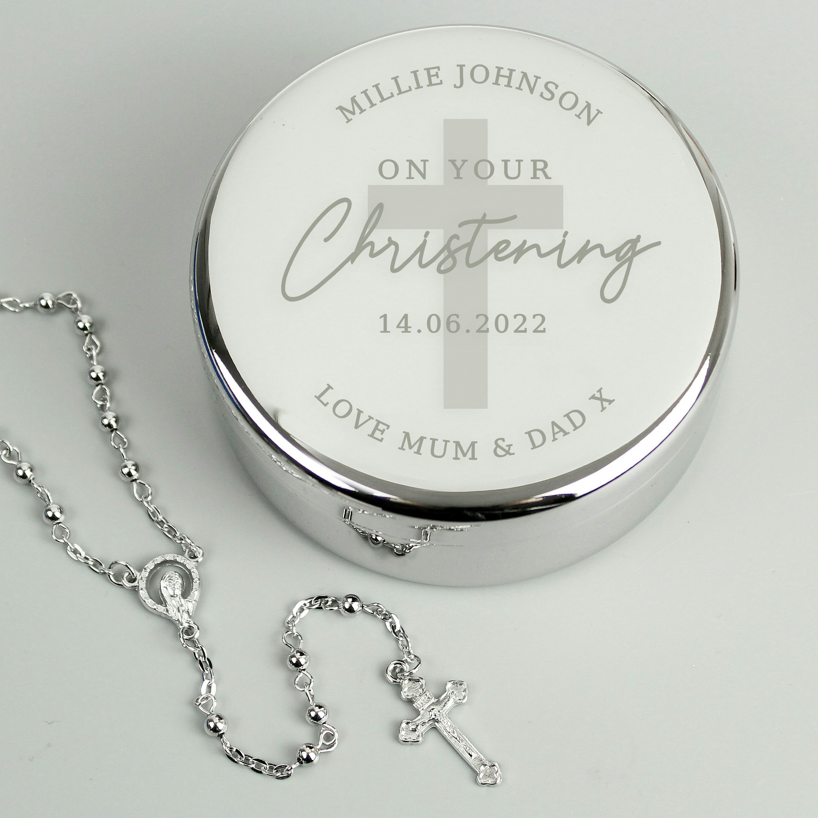 Personalised Memento Company Personalised Christening Round Trinket Box & Rosary Beads Set