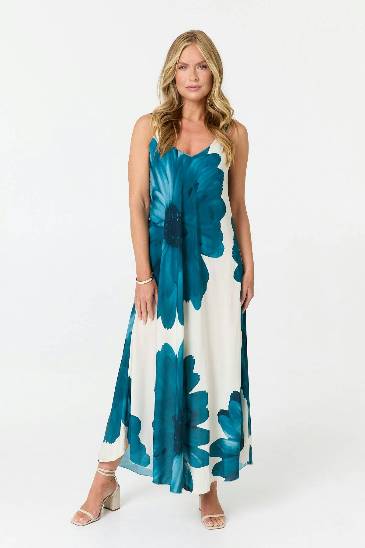 Izabel London Floral Sleeveless Relaxed Maxi Dress - S - Teal