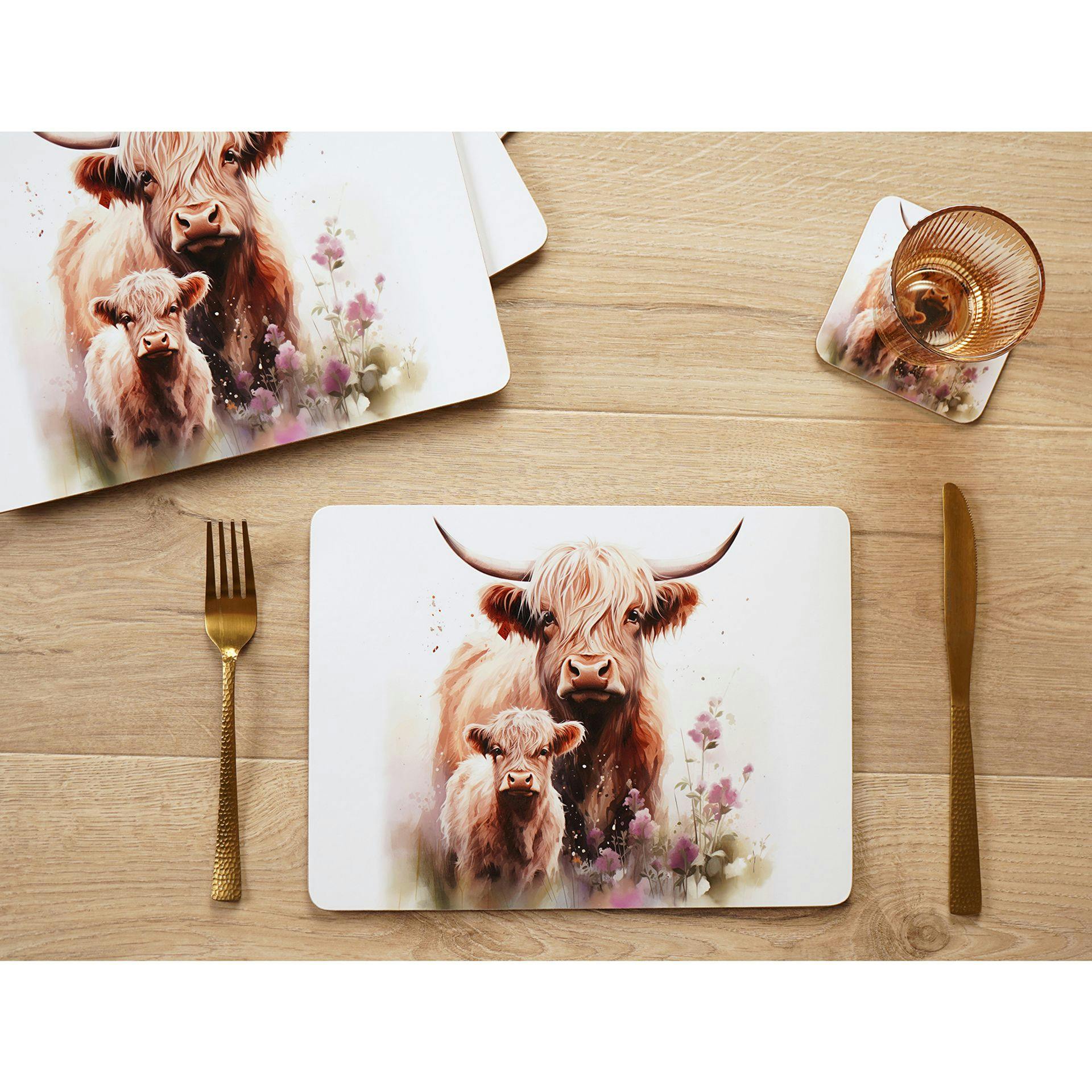 Country Living Light/Pink/Brown Highland Cow And Calf Set Of 4 Placemats