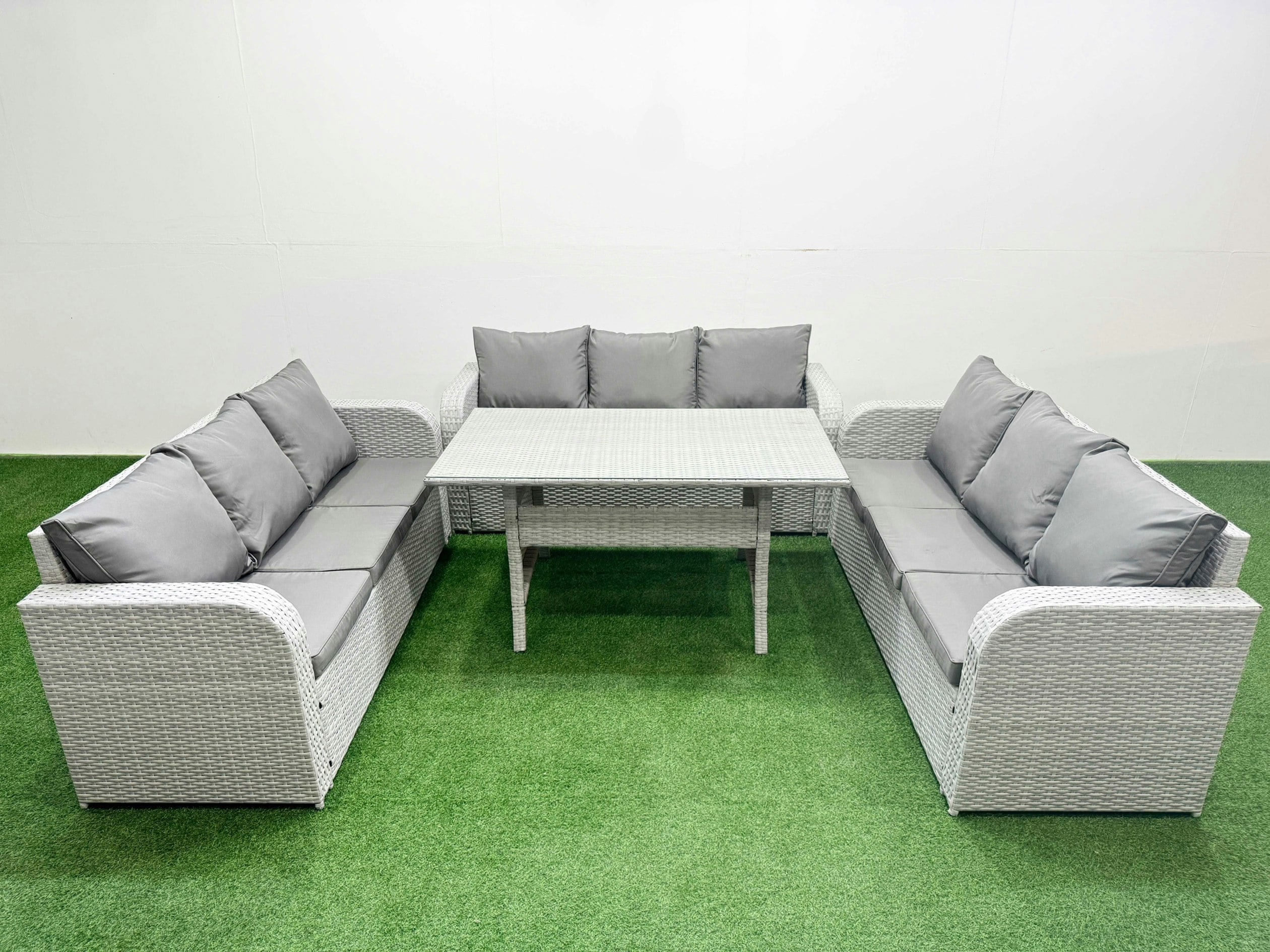 Fimous Light/Grey Pe Rattan Lounge Sofa Set 9 Seater Outdoor Garden Furniture Set With Rectangular Dining Table 3 Seater Sofa
