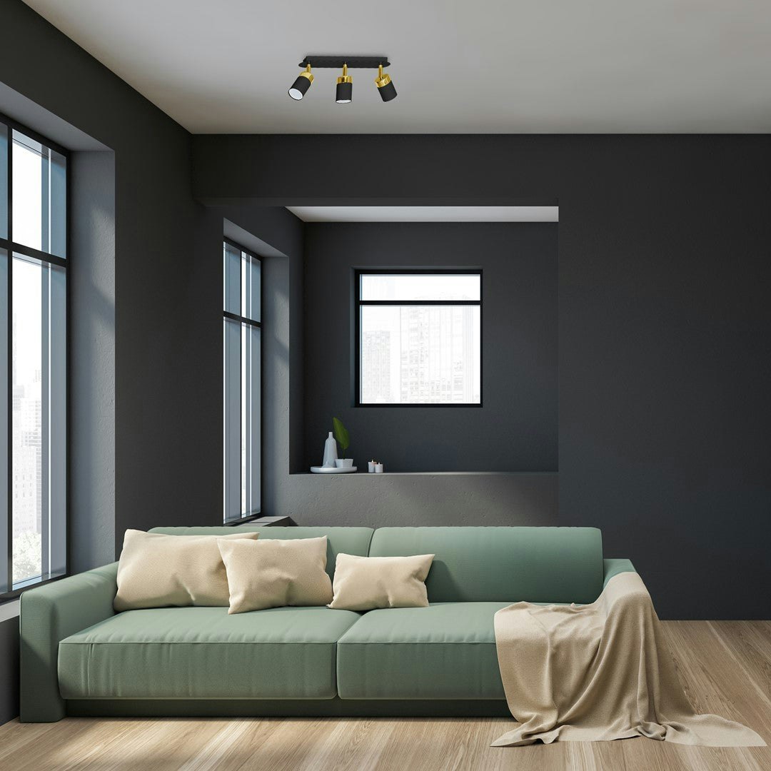 Milagro Black/Gold Joker Triple Spot Hand Made Ceiling Lamp In Matt With Luxurious Detail With Slender Cylindrical Shades