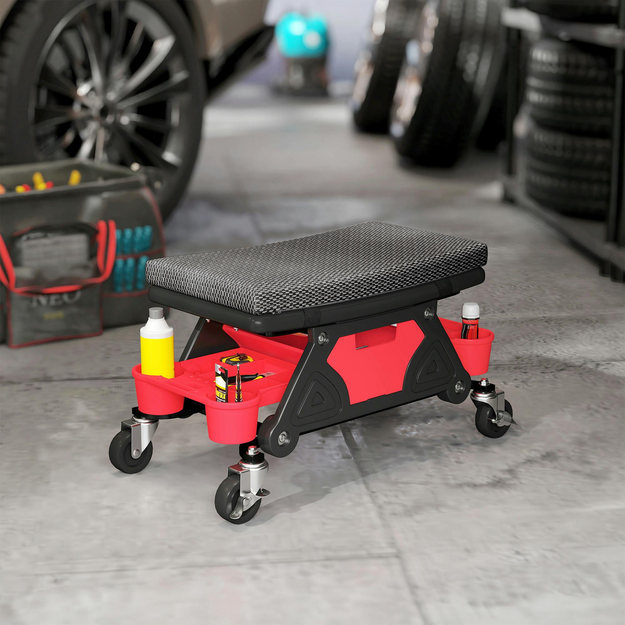 HOMCOM Rolling Mechanic Stool with Wheels, Workshop Stool, Black | 360° Swivel Roller Padded Creeper Seat, 135 kg Capacity, Slide Out Tool Trays, Drawer, for Garage, Shop, Auto Repair - Image 3