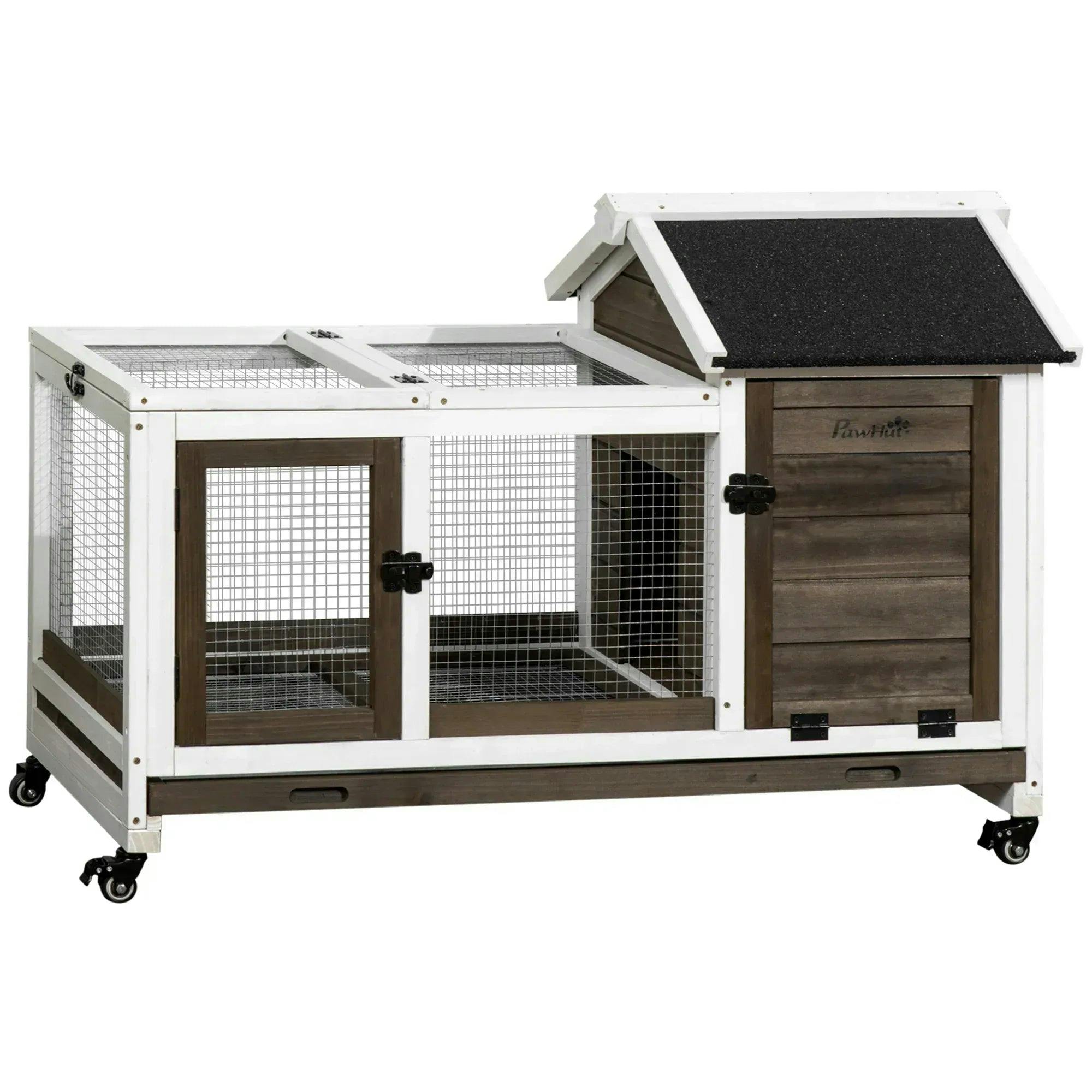 PAWHUT Wooden Rabbit Hutch, Small Animal House w/ Wheels, Removable Tray in Brown - Image 6