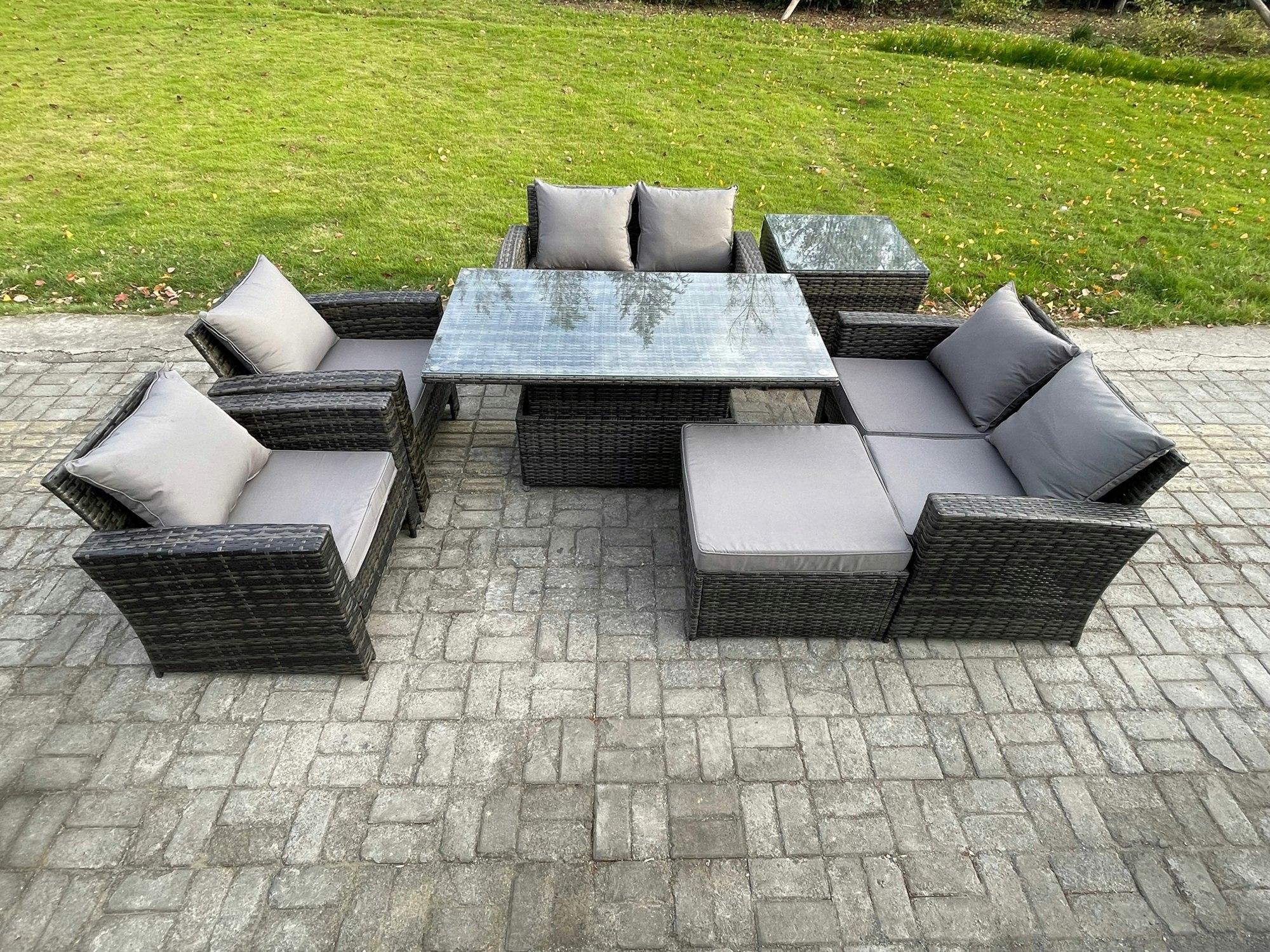 Rackhams Dark/Grey 7-Seater Rattan Garden Furniture Set - Mixed Patio Rising Lifting Table Sofa Set With Double Seat Sofa & Footstool