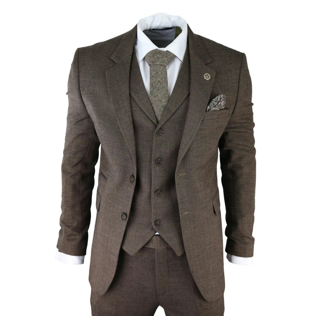 Truclothing Men's Brown Ak-06 - Herringbone Tweed 3 Piece Suit Wedding Blinders - 48" Jacket 42" Trousers
