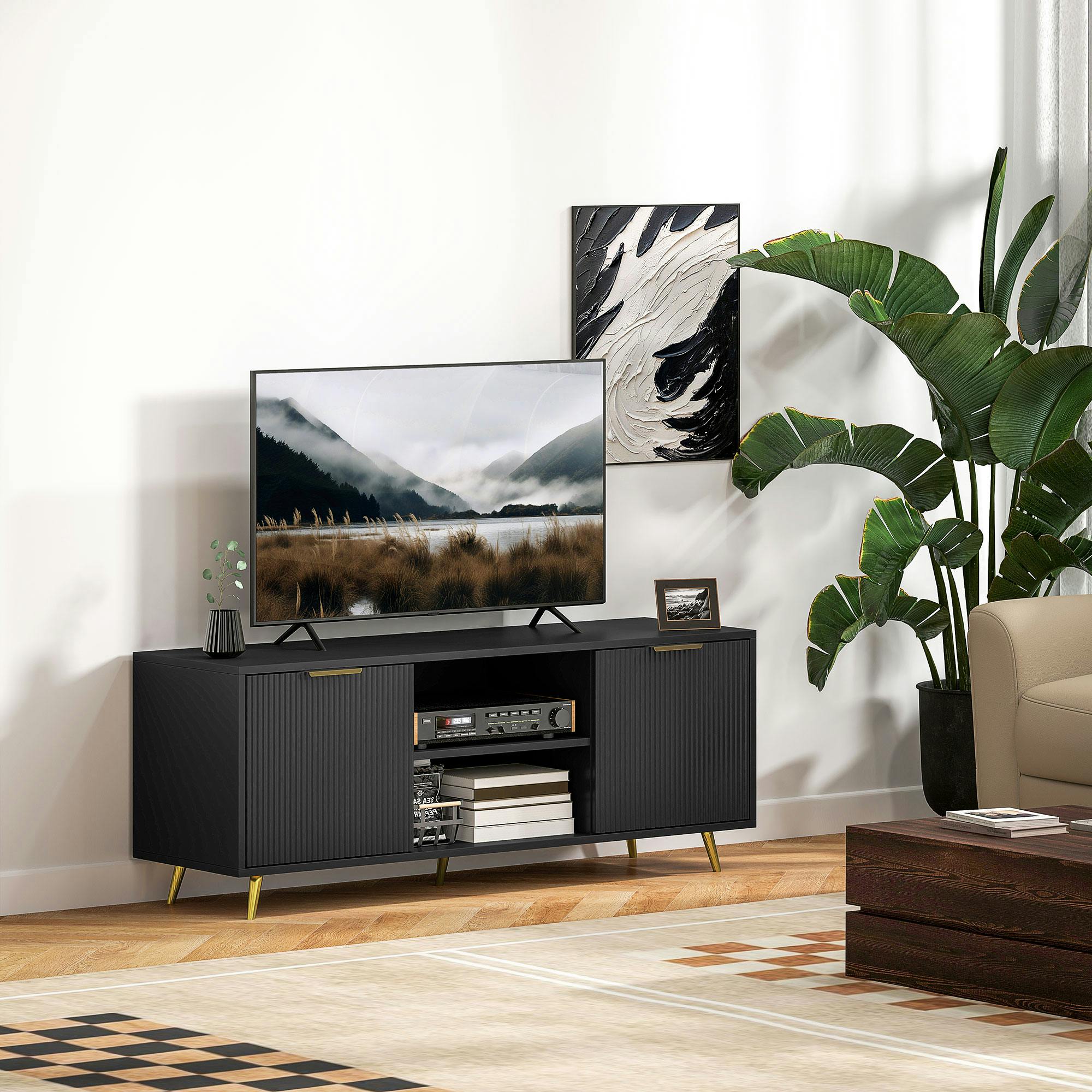 Rackhams Black Modern Tv Stand Cabinet With Storage For Living Room,