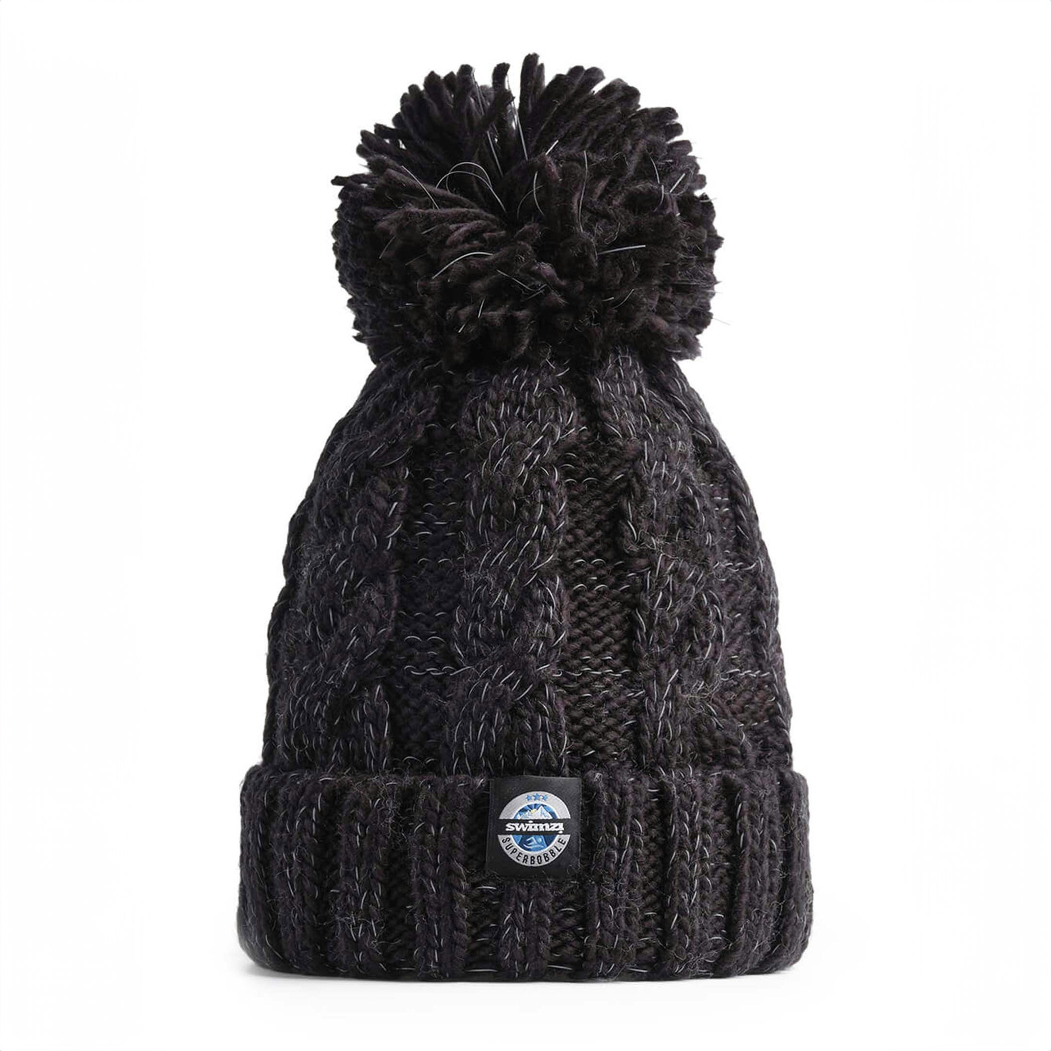 Superbobble Unisex Black Cable Knit Beanie Bobble Hat - Jet