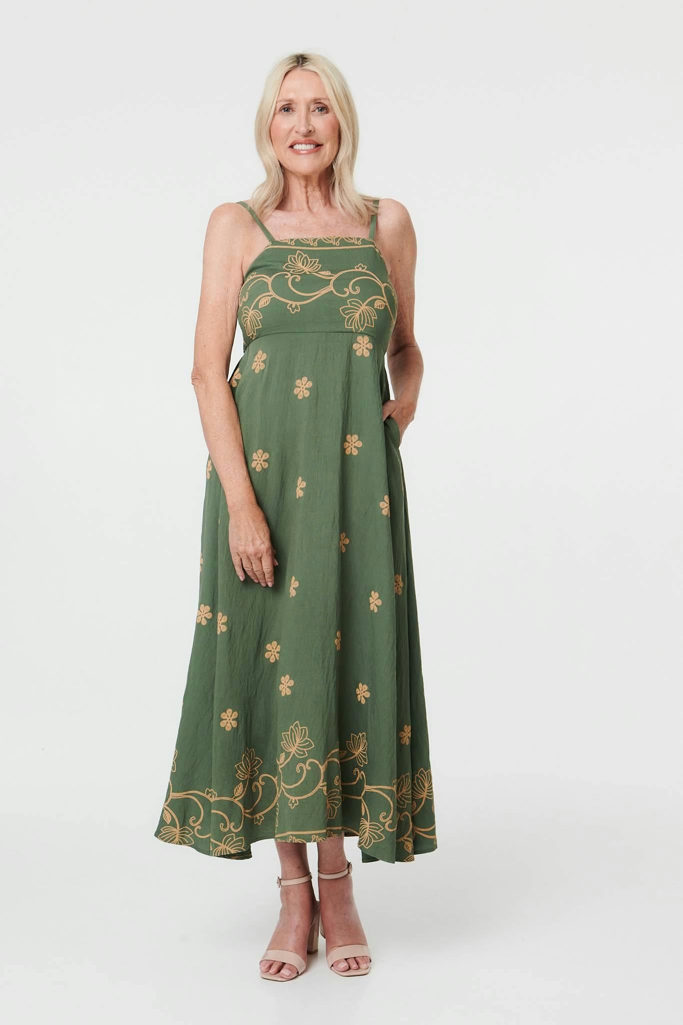 Izabel London Green Floral Embroidered Cami Strap Midi Dress - 18