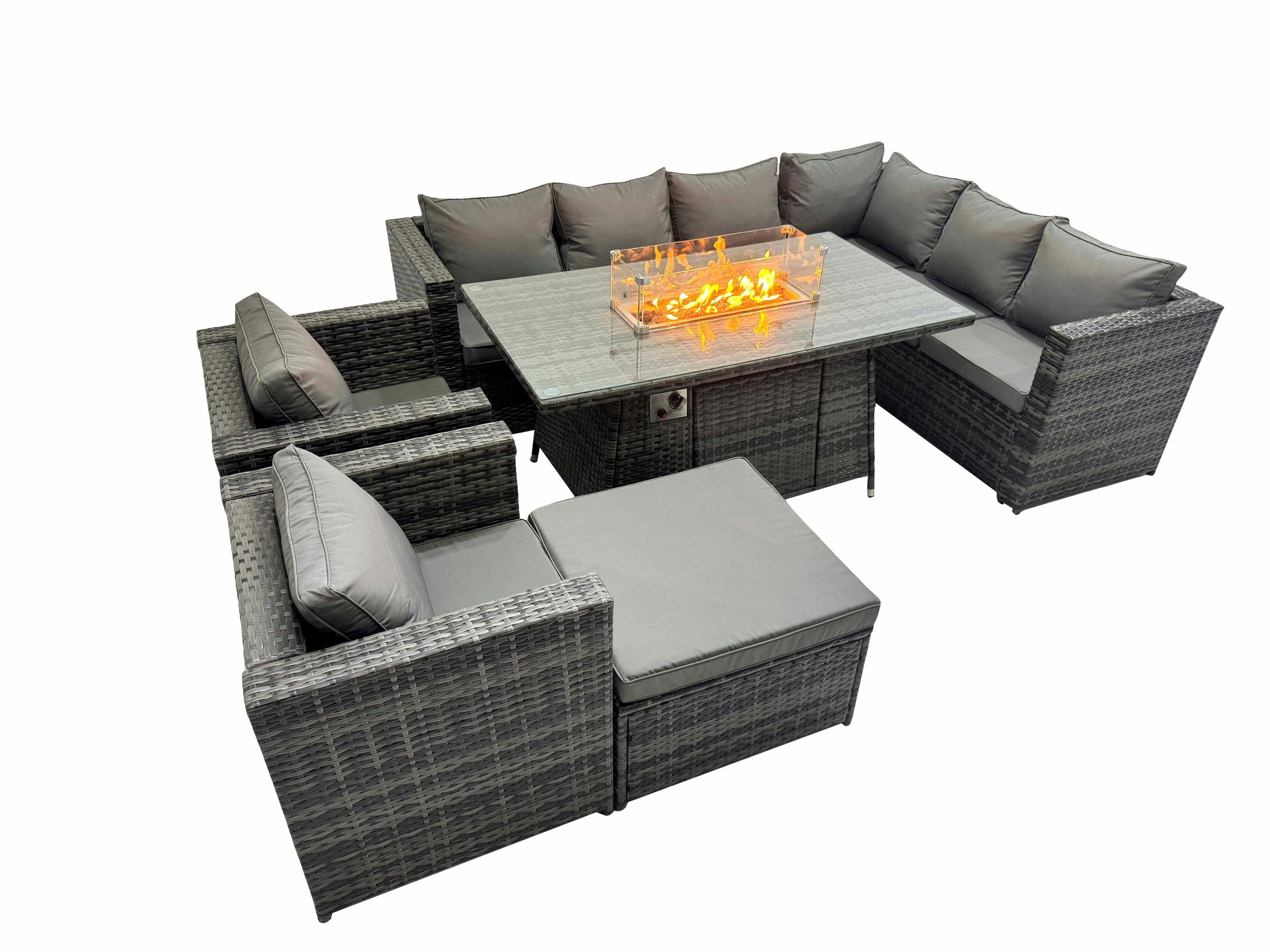 Fimous Dark/Grey Garden Rattan Furniture Set 9 Seater Outdoor Corner Sofa 2 Chair Gas Fire Pit Dining Table Set With Big Stool