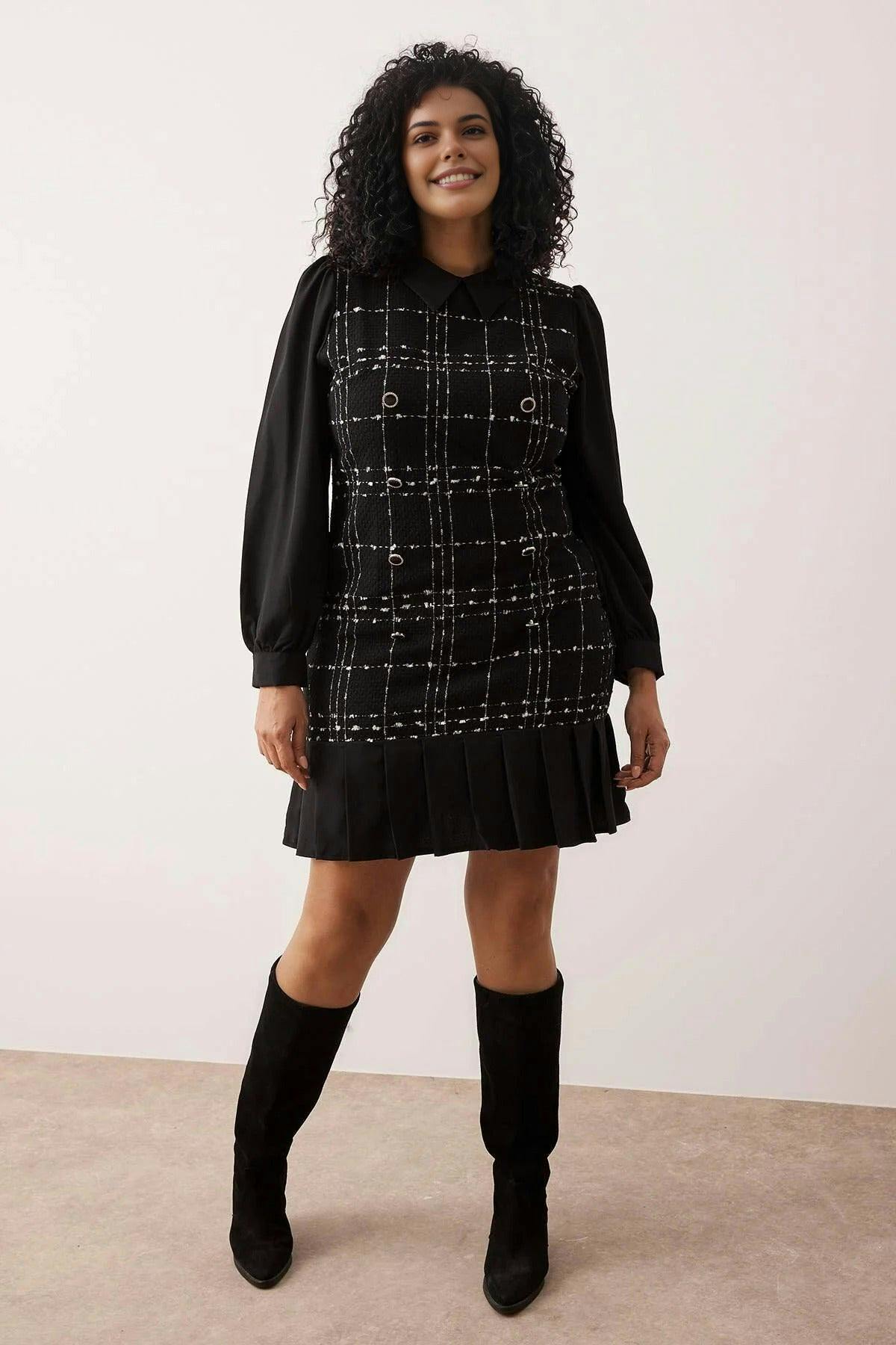 Wovcor Black Shirt Collar Plaid Mini Tweed Dress - 18