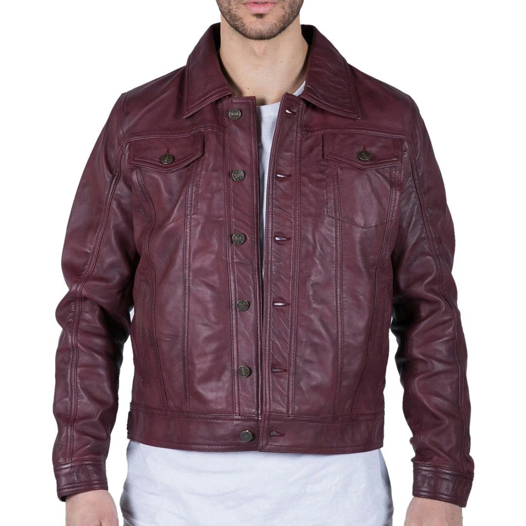 Infinity Leather Men's Burgundy Leather Company Leather Shirt Jacket Wine Jeans Brando Classic - 4XL