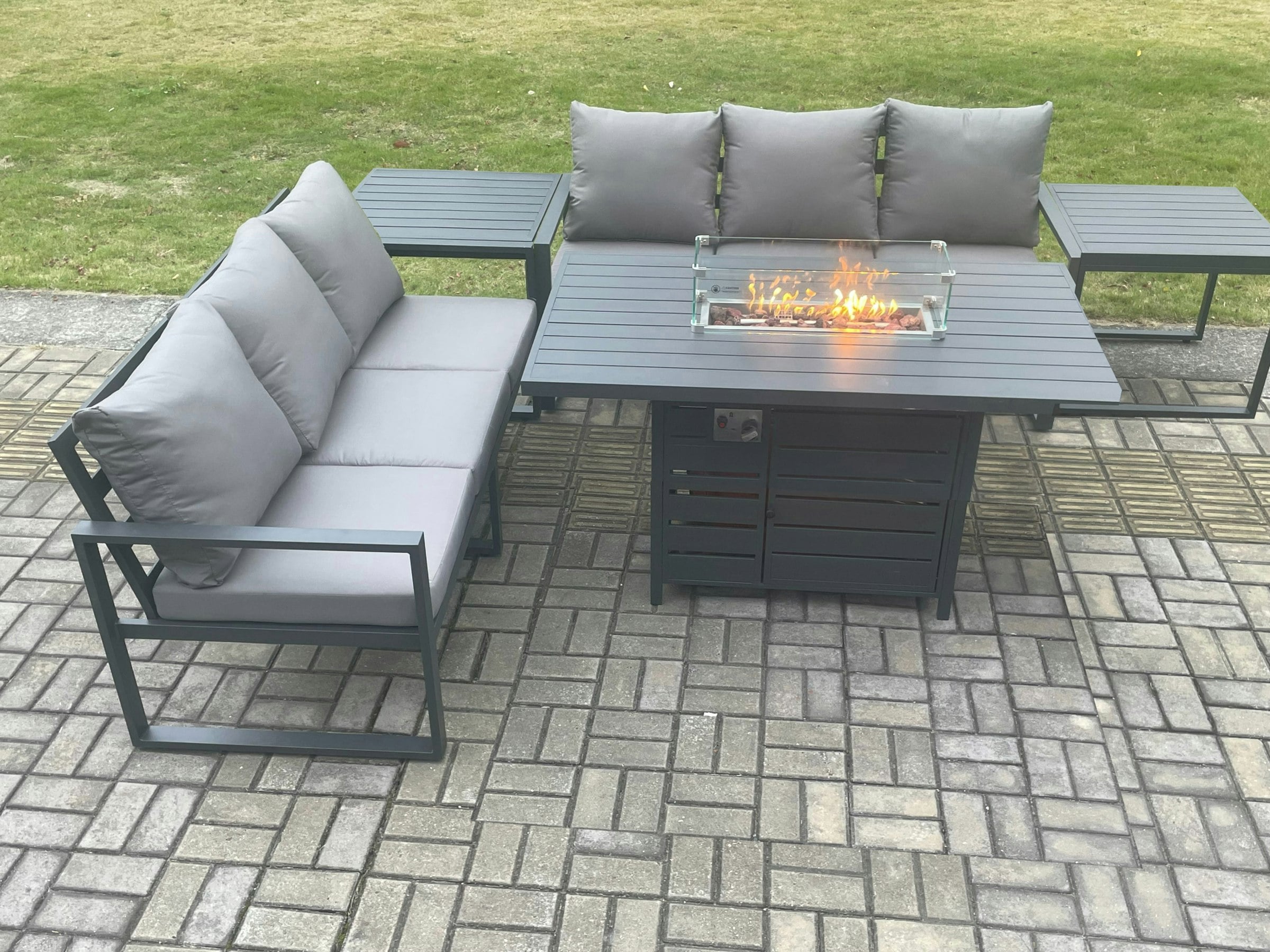 Fimous Dark/Grey Aluminium 6 Seater Outdoor Garden Furniture Lounge Sofa Set Gas Fire Pit Dining Table With 2 Side Tables