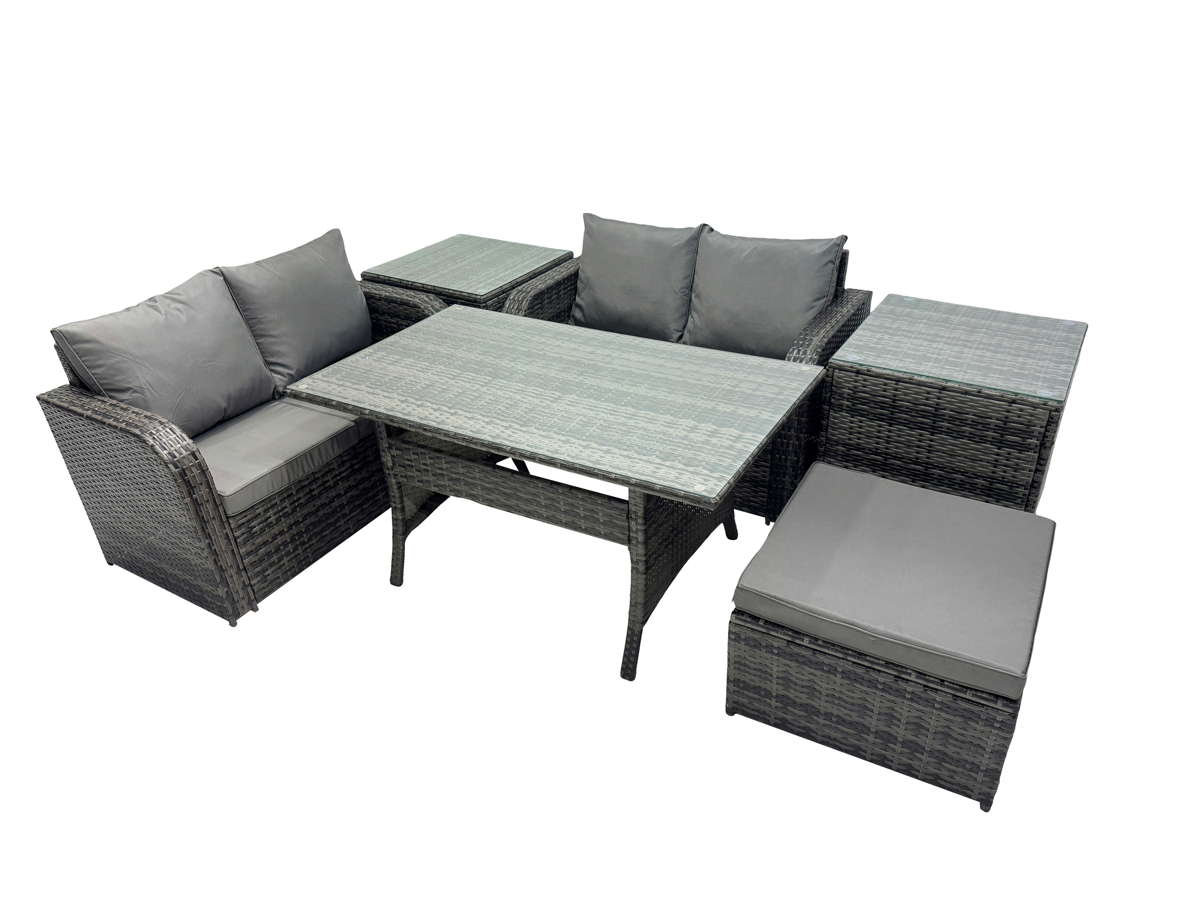 Fimous Dark/Grey Wicker Pe Rattan Garden Outdoor Furniture Set Love Sofa Dining Table Sets With 2 Side Table Big Stool Mixed