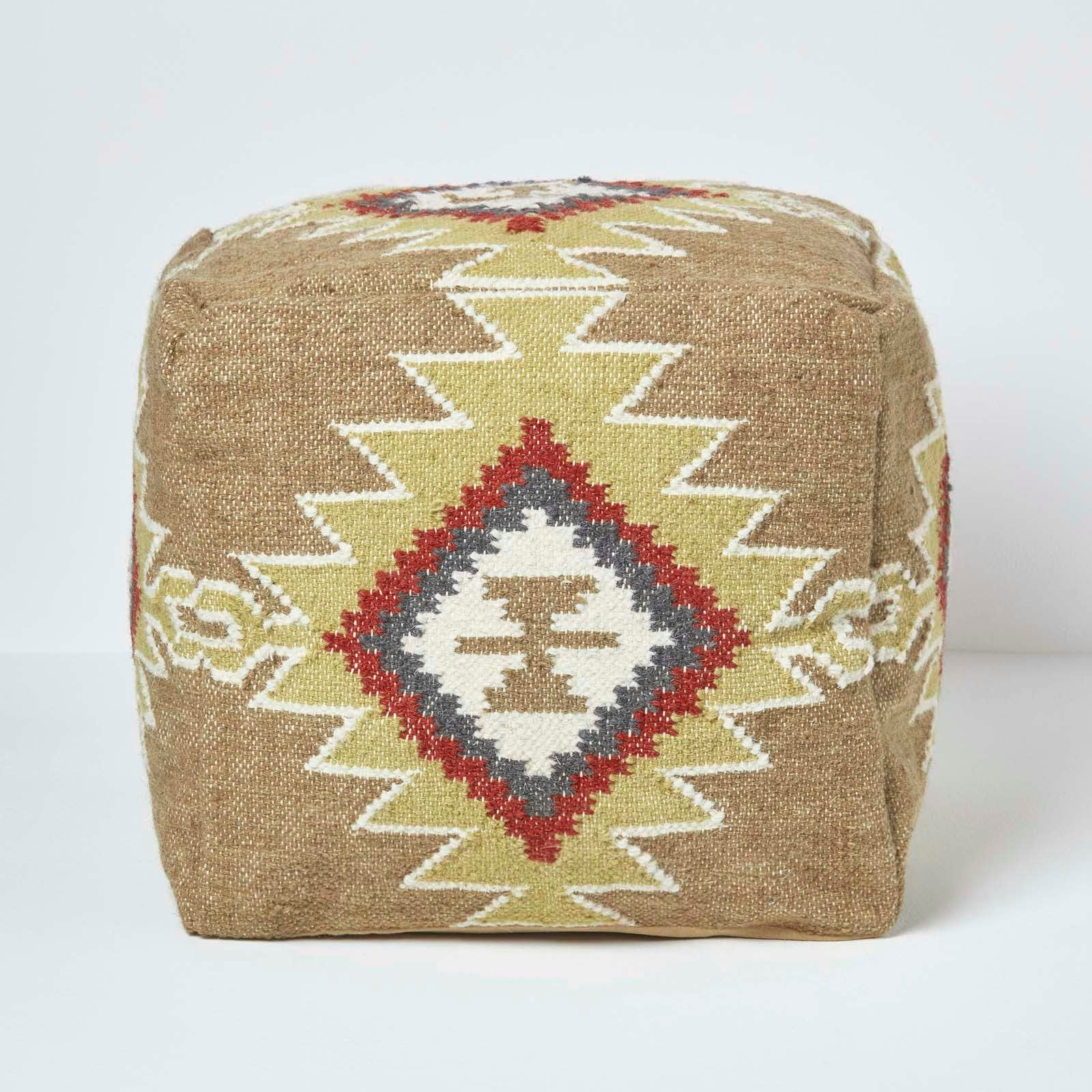 Homescapes Brown/Orange Jaipur And Kilim Footstool Handwoven Beanbag Pouffe - 43 X 43 Cm