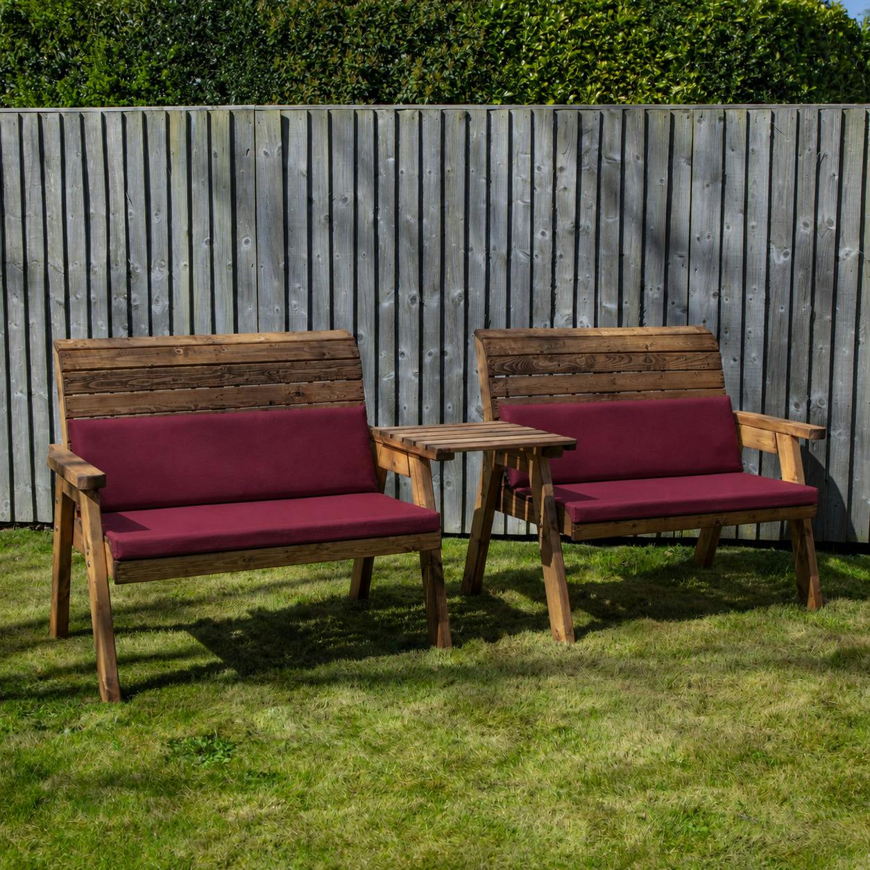 Rackhams Burgundy 2 Seater Chunky Rustic Wooden Garden Furniture Bench With Coffee Table & Cushions